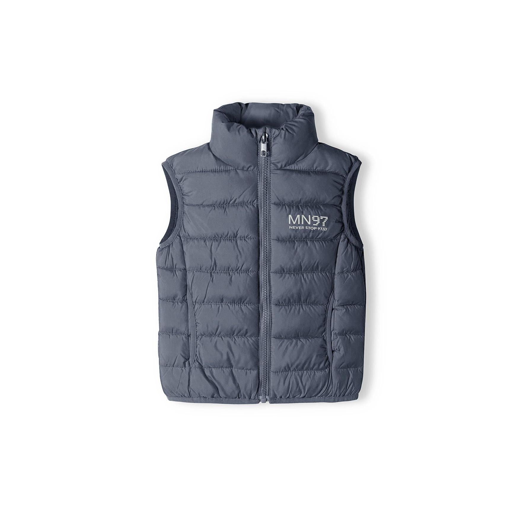 Grey padded gilet laid flat showing quilted construction, stand collar and full zip closure on white background