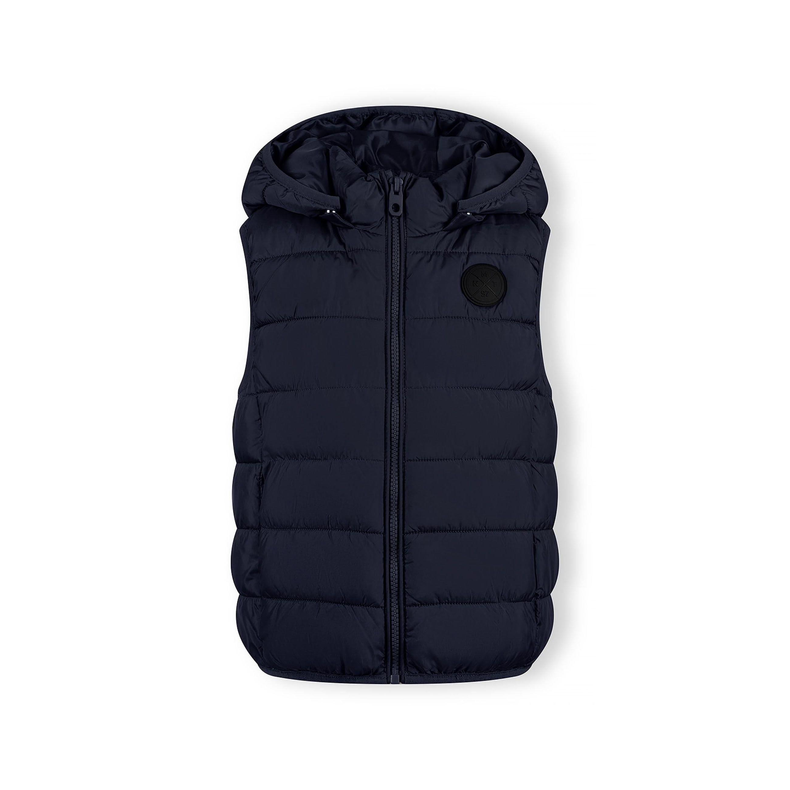 Navy padded gilet laid flat showing quilted design, detachable hood and Minoti label on white background