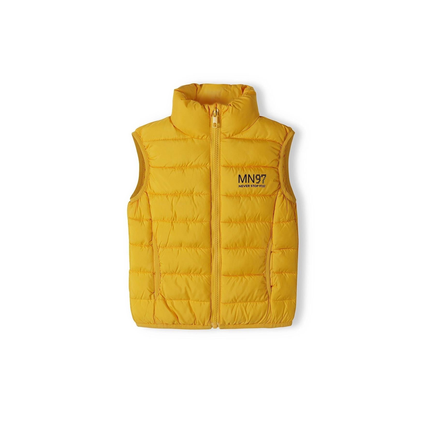 Back view of bright yellow padded gilet showing quilted pattern and stand collar design on white background