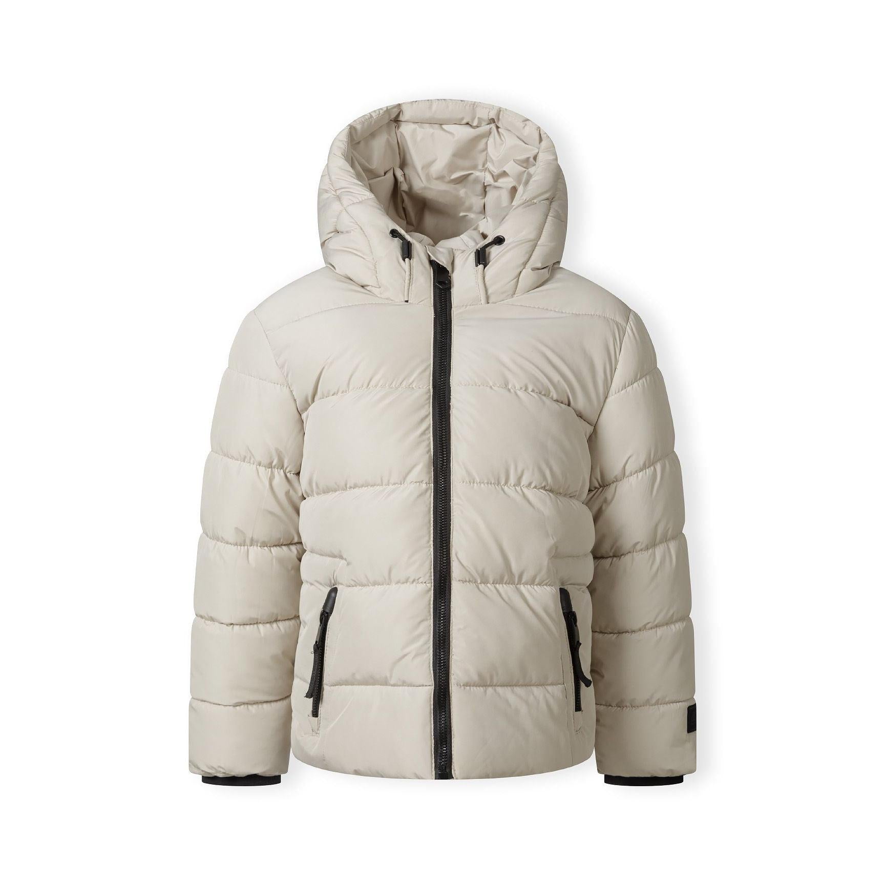 Cream padded jacket with hood laid flat showing front zip closure, side pockets, and Minoti label detail on dark background
