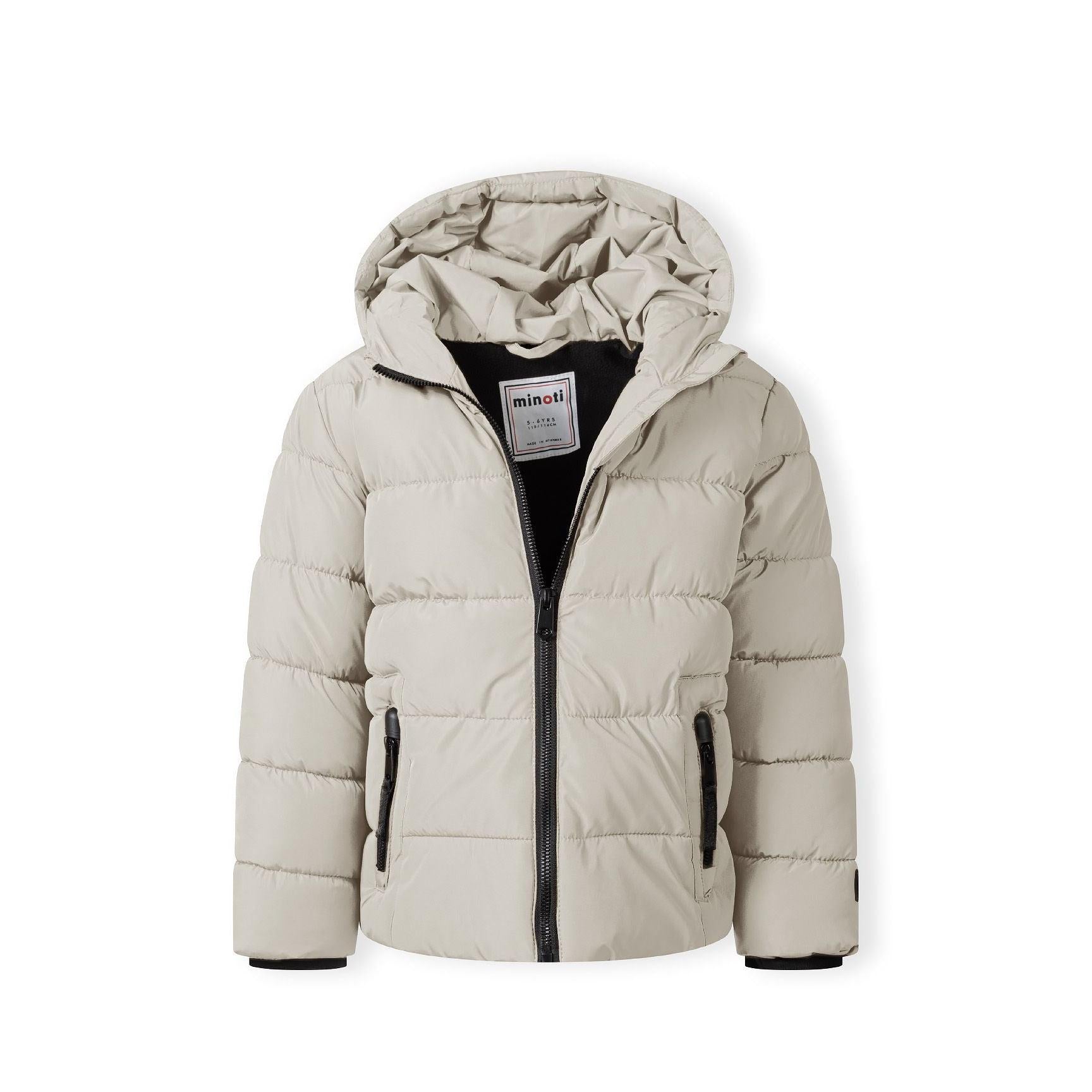 Cream padded jacket with hood laid flat showing front zip closure, side pockets, and Minoti label detail on dark background