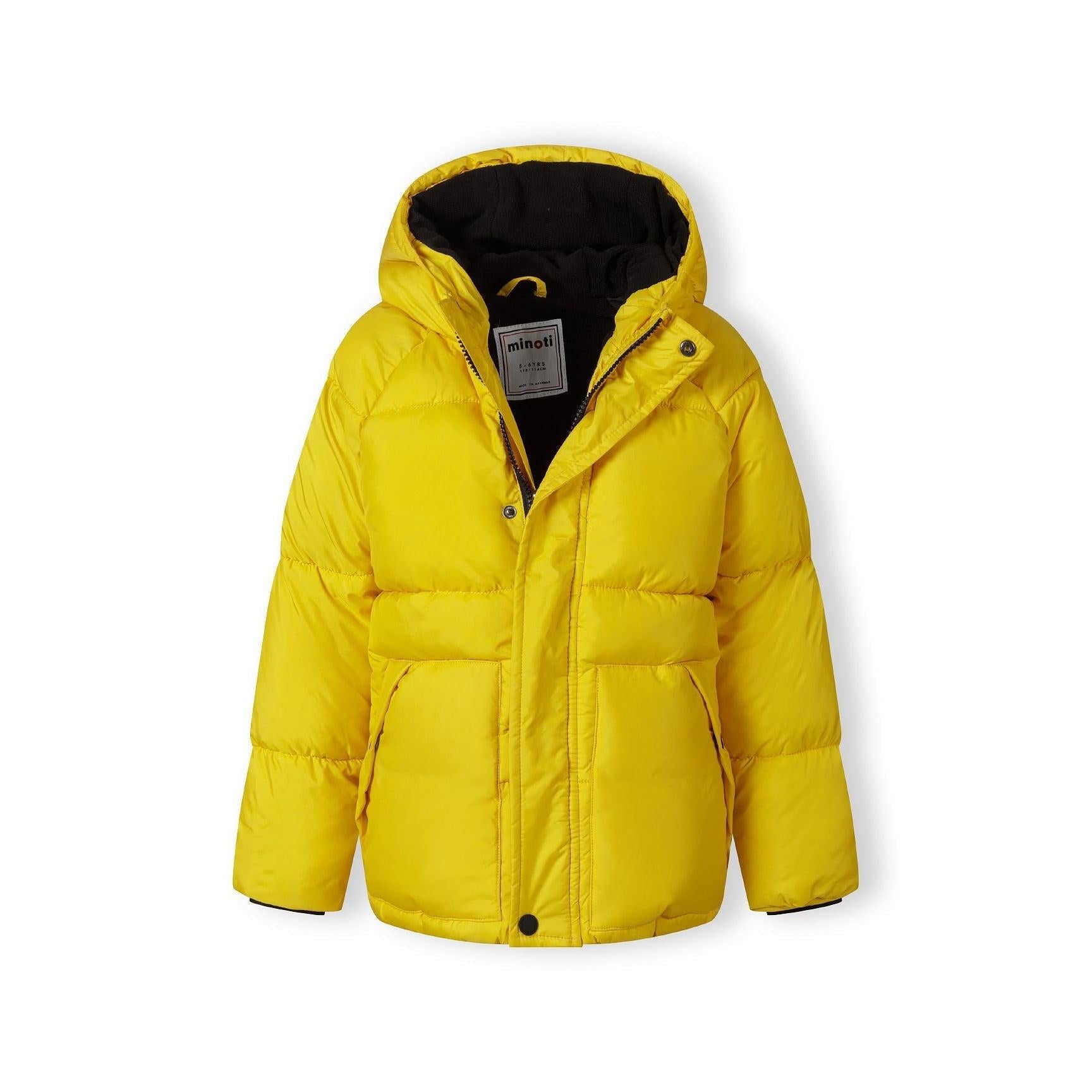 Bright yellow padded jacket displayed flat showing full front zip closure, hood, raglan sleeves, and Minoti brand label visible inside collar