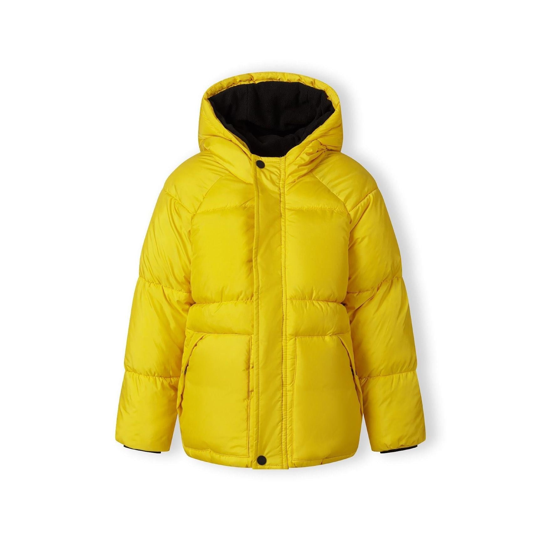 Bright yellow padded jacket displayed flat showing full front zip closure, hood, raglan sleeves, and Minoti brand label visible inside collar