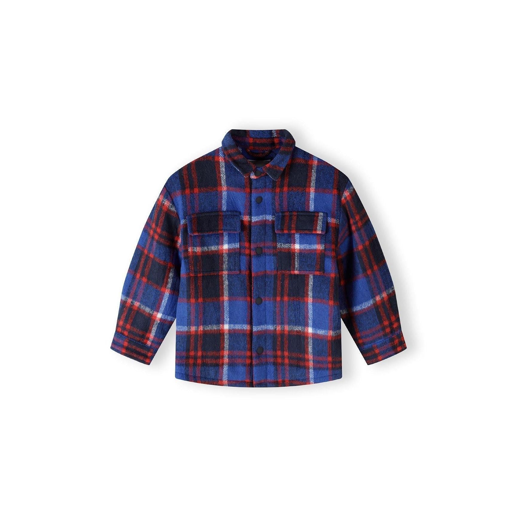 Back view of blue check padded shirt jacket laid flat showing quilted pattern and button closure details