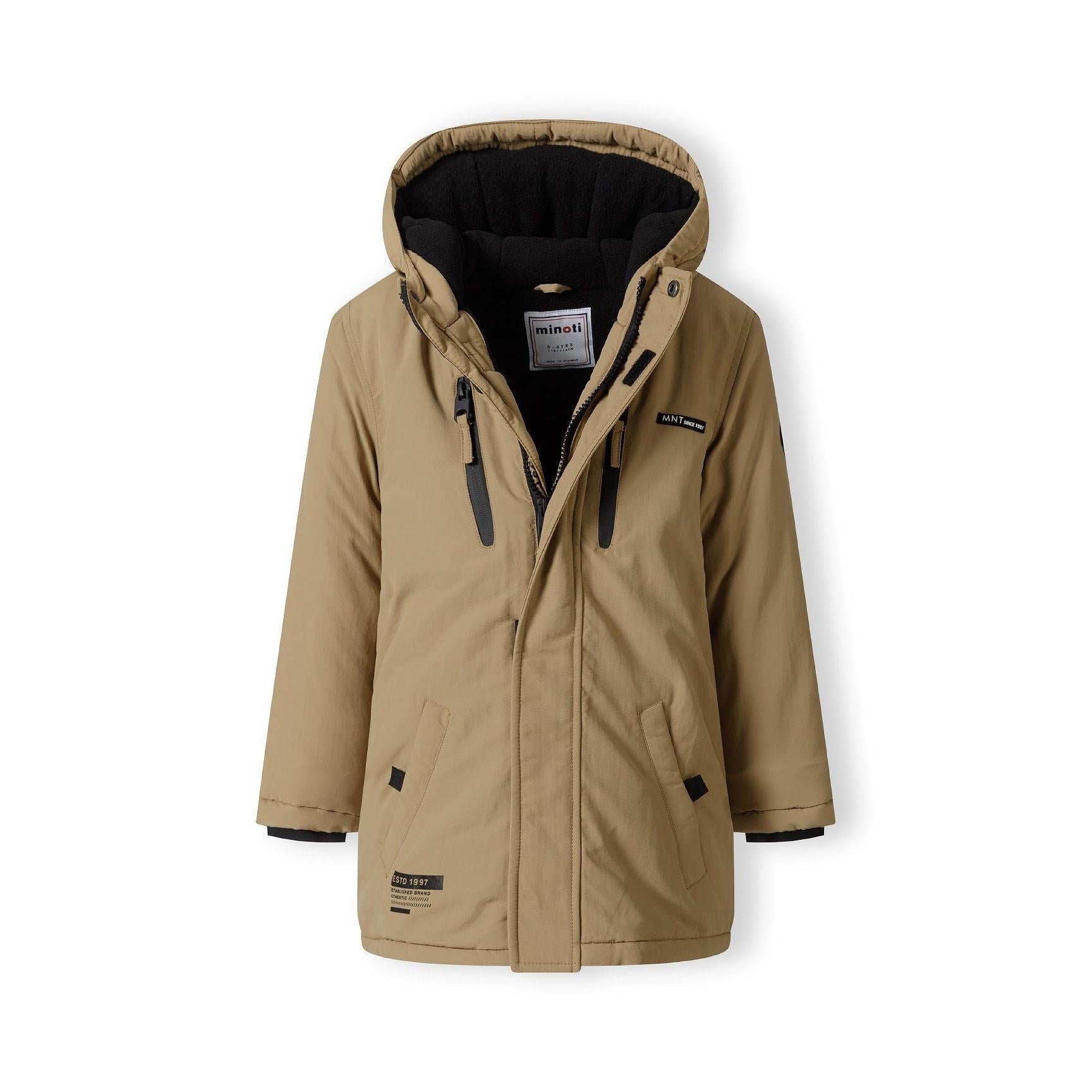 Beige parka jacket laid flat showing front zip closure, black sherpa lining visible in hood, and multiple pockets