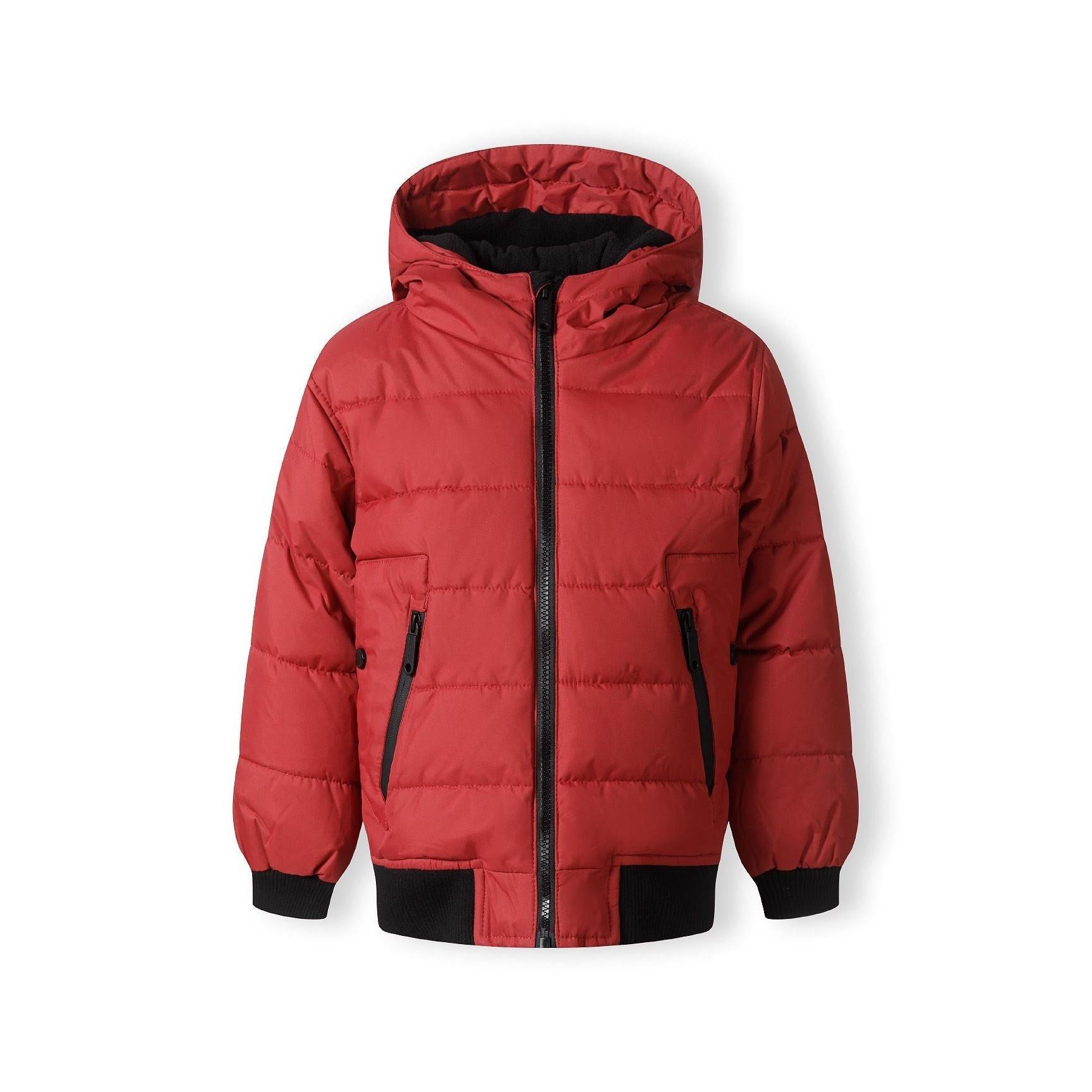 Red quilted padded jacket laid flat showing full zip closure, hood and black ribbed cuffs and hem on white background