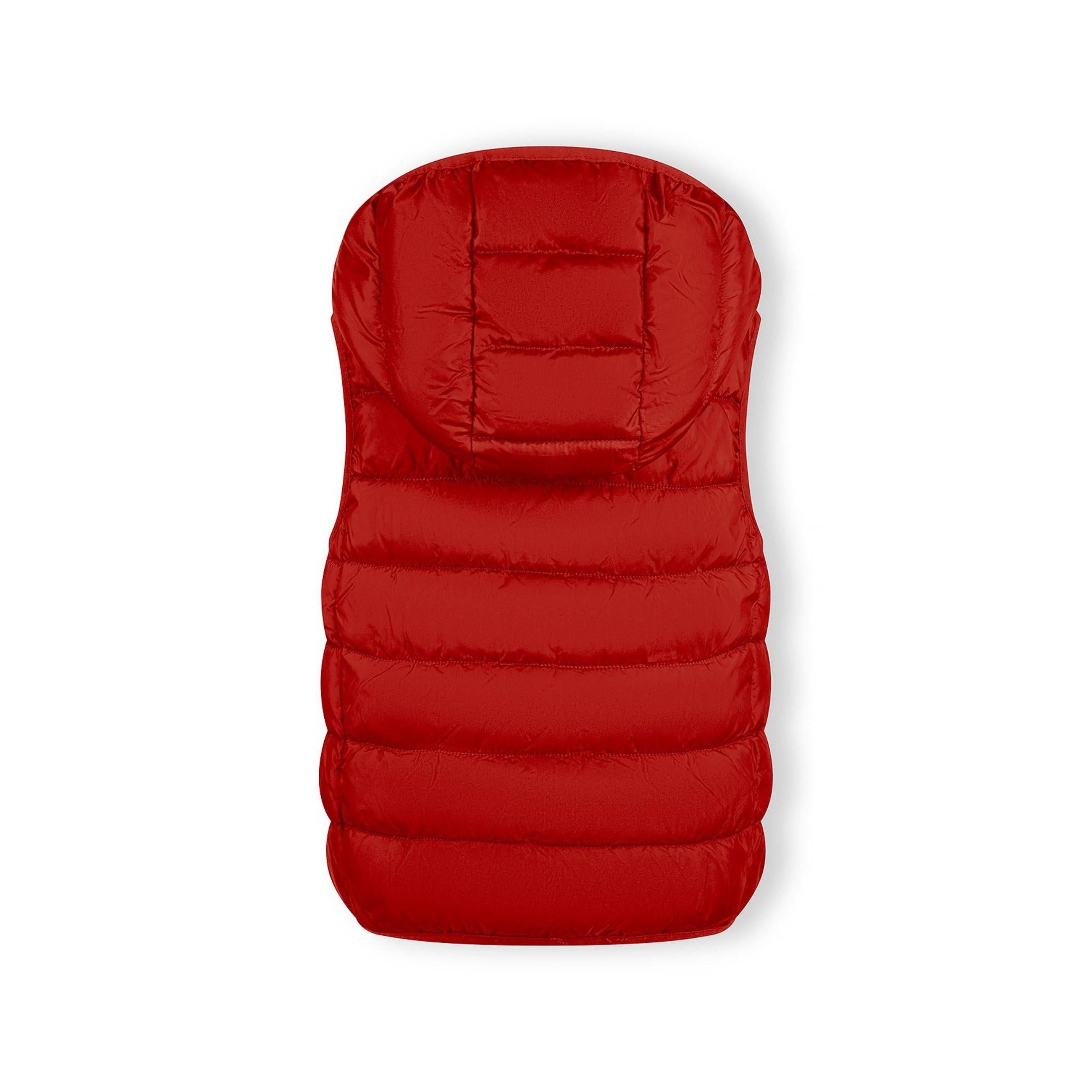 Close-up detail of red padded gilet showing quilted texture, zip fastener and gathered hood construction