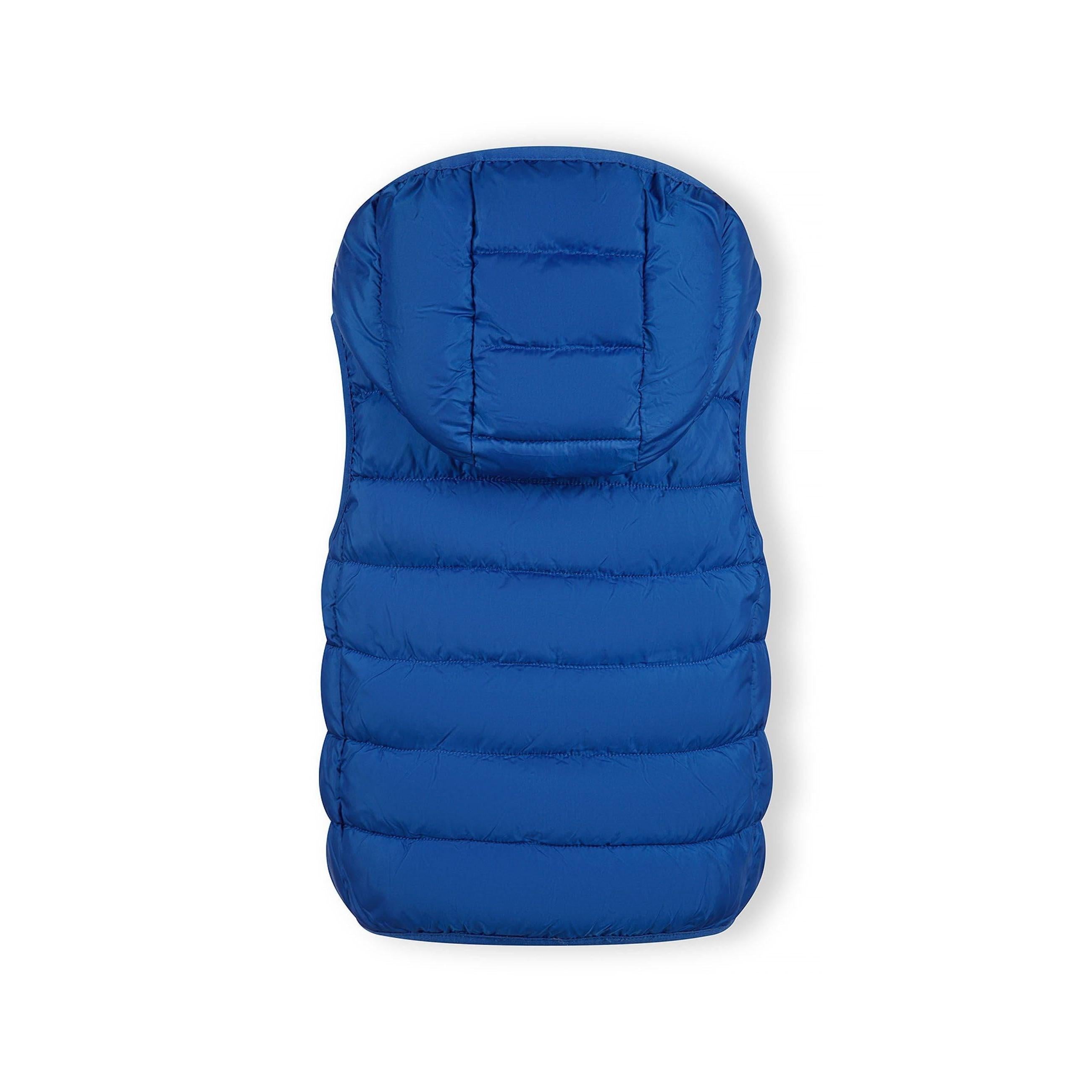 Close-up detail of cobalt blue padded gilet showing zip fastening, hood attachment and quilted texture
