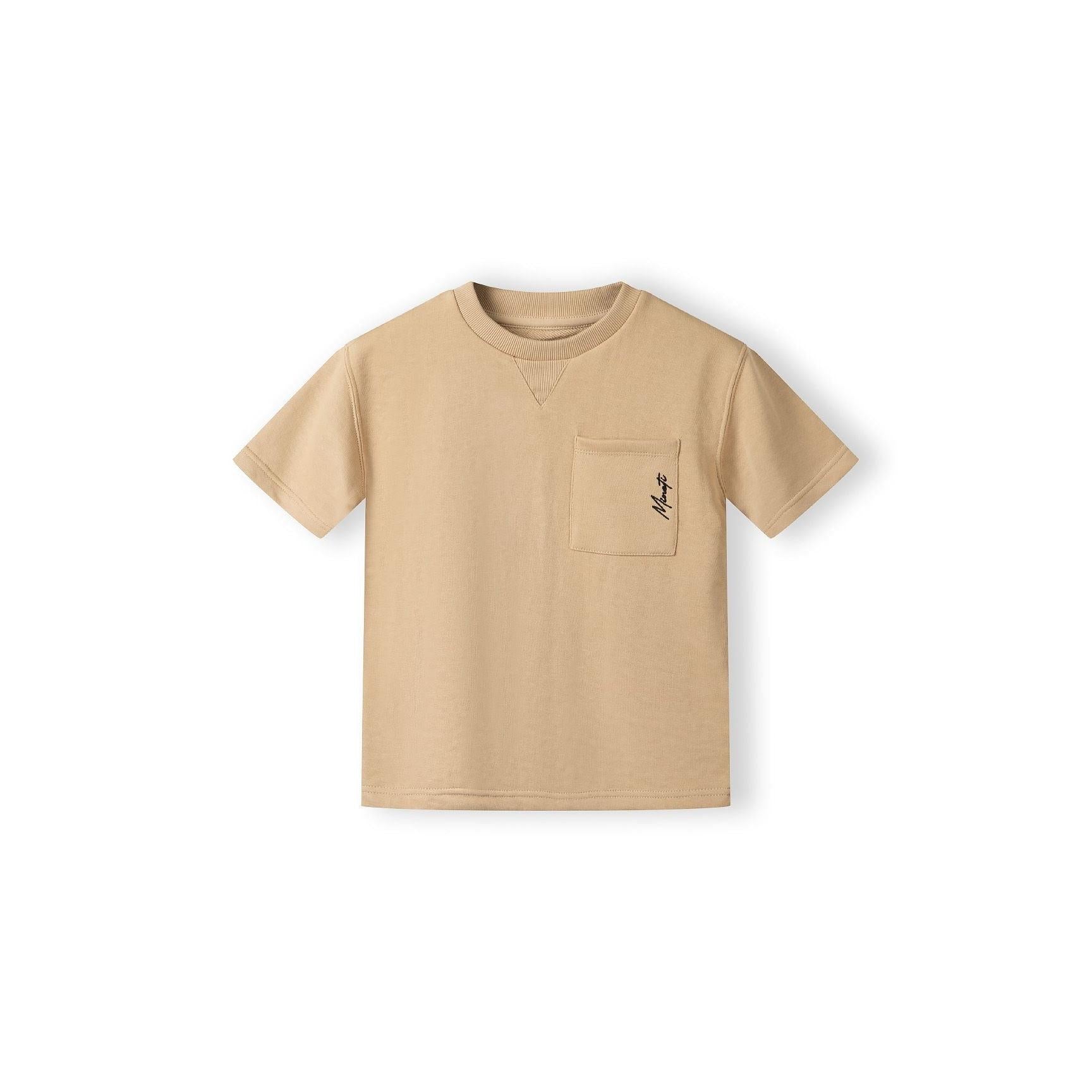 Close-up detail of beige cotton shorts showing elasticated waistband with black drawstring and Minoti label