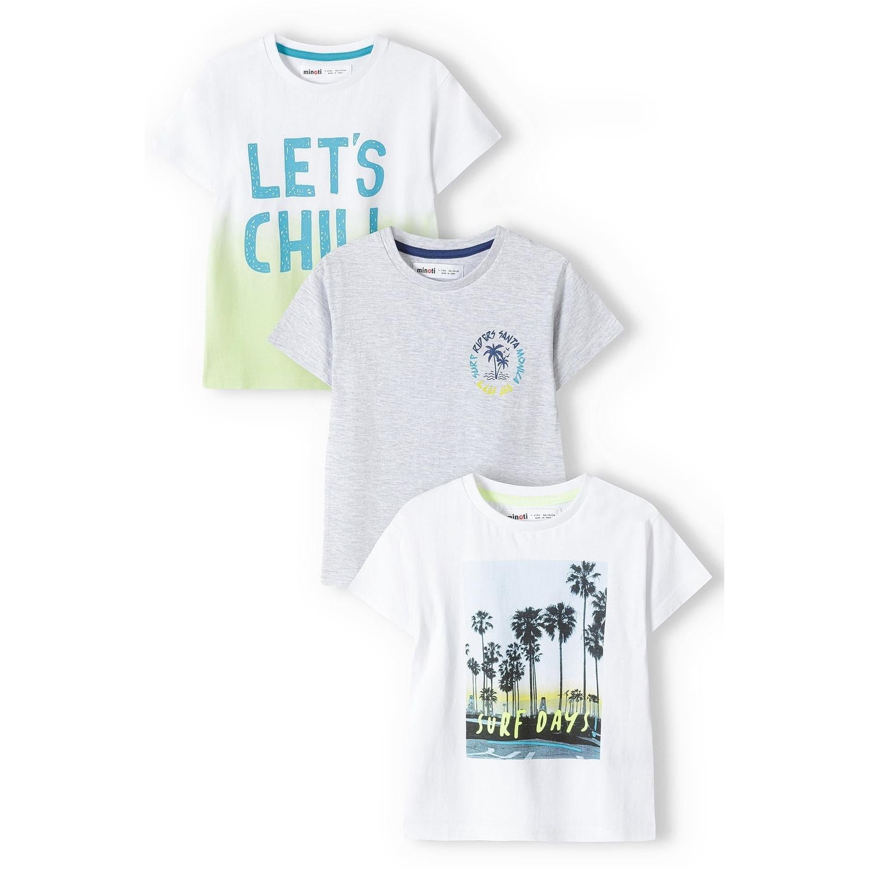 Three white cotton t-shirts laid flat showing tropical summer prints - top shirt with 'Let's Chill' text and lime gradient, middle grey shirt with palm tree logo, bottom white shirt with palm tree beach scene
