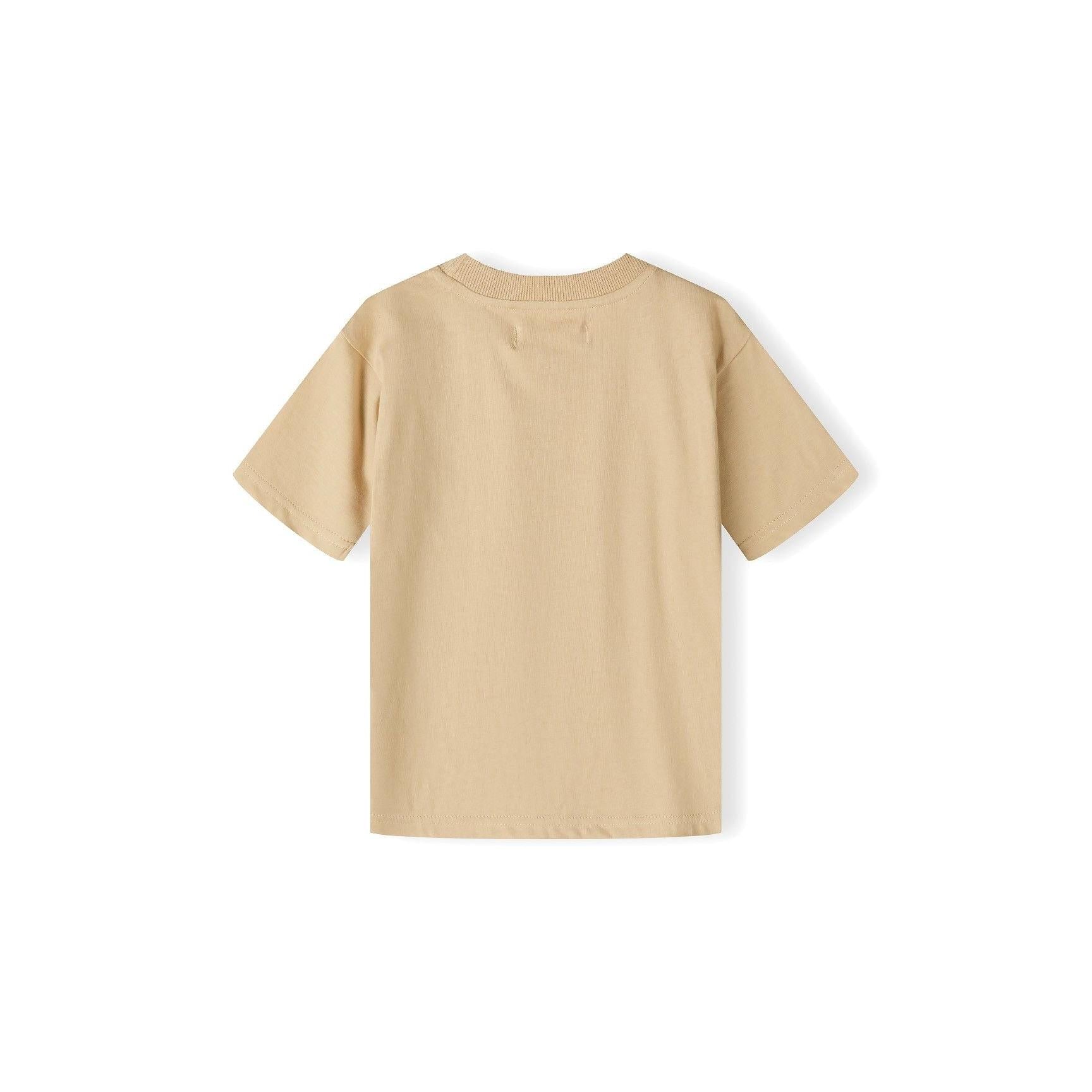 Back view of sand coloured short sleeve t-shirt with round neckline on white background