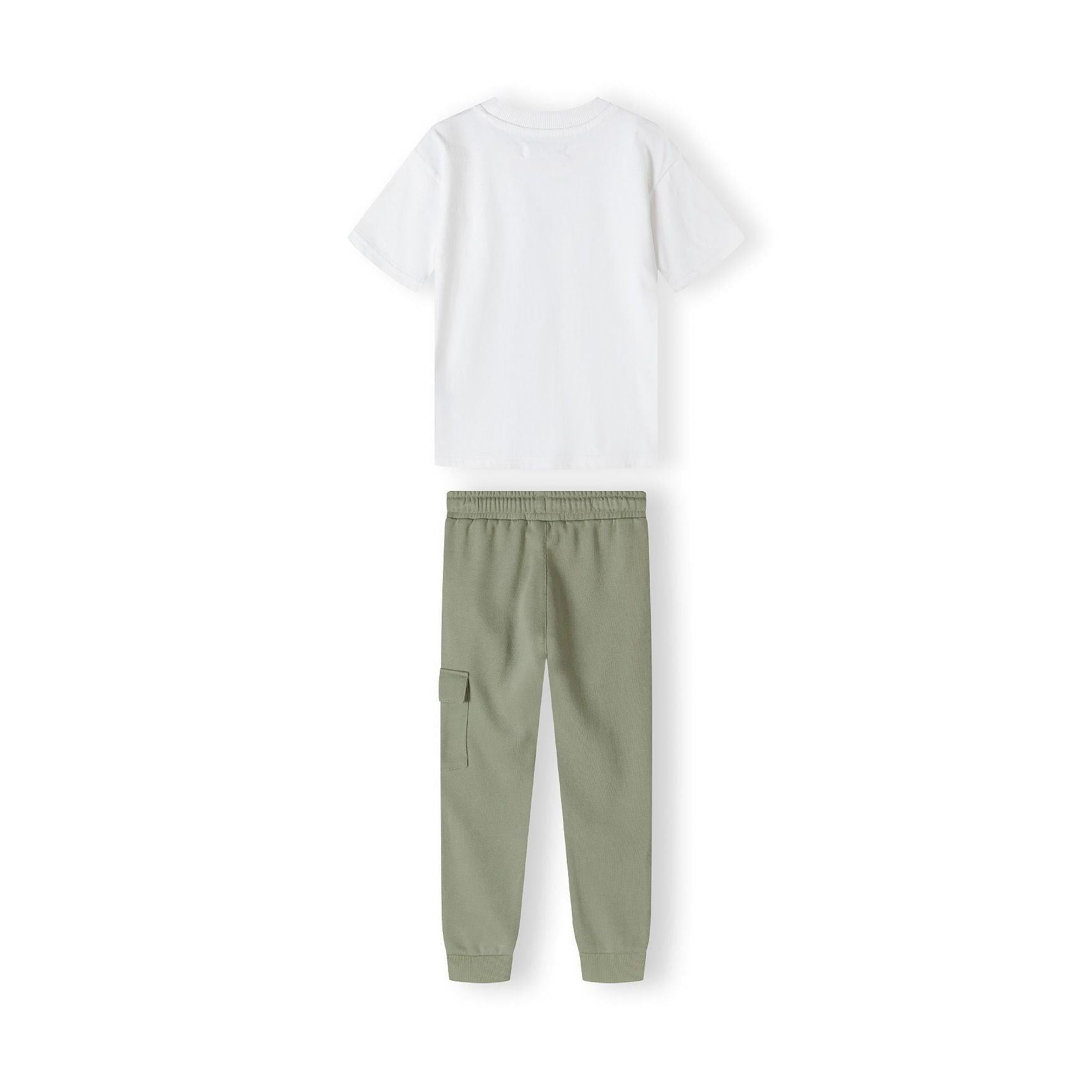 Close-up of olive green fleece joggers showing drawstring waist detail and orange logo patch on leg