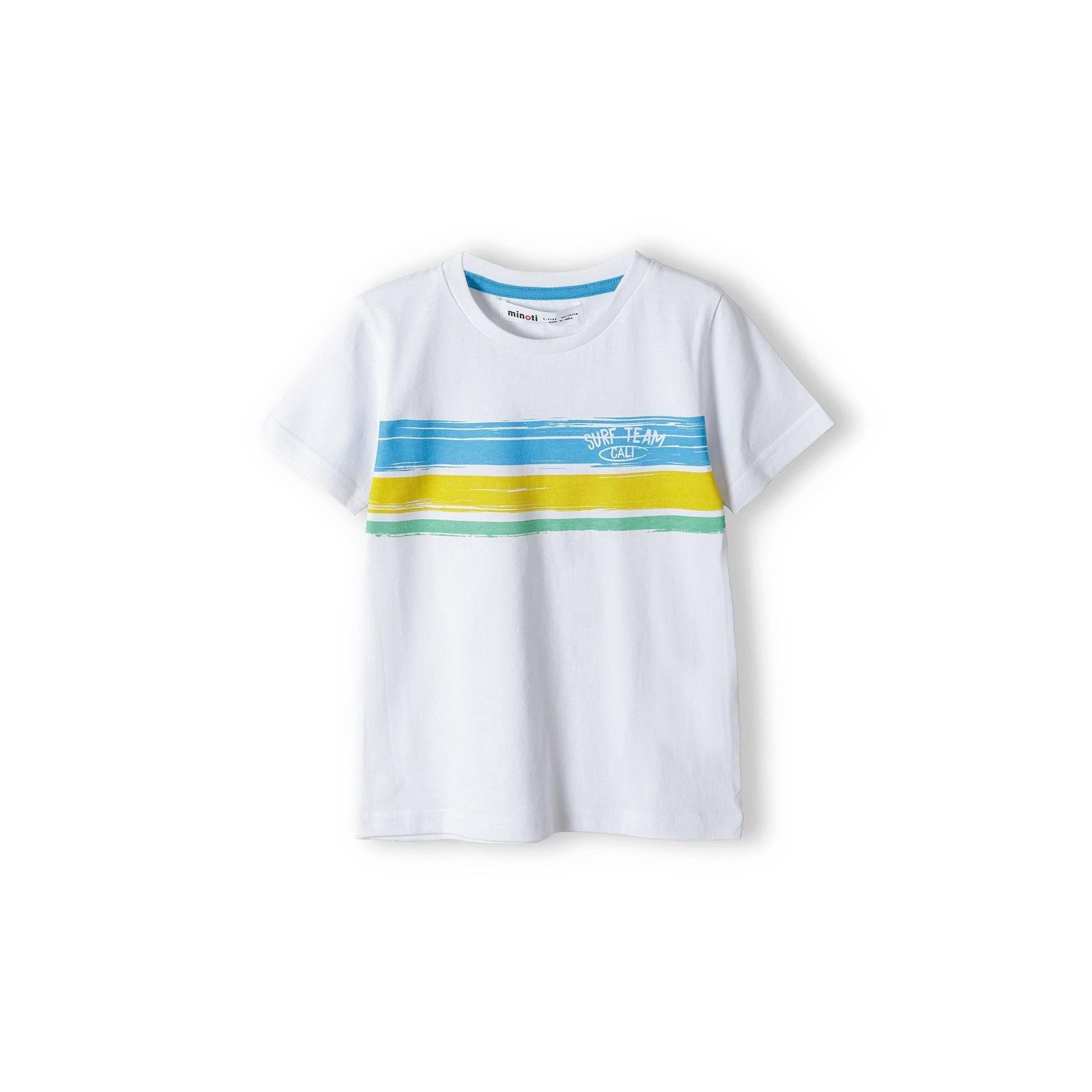 White t-shirt with colorful striped surf graphic displayed flat on white background, showing 'Surf California' text in blue, yellow and mint horizontal stripes