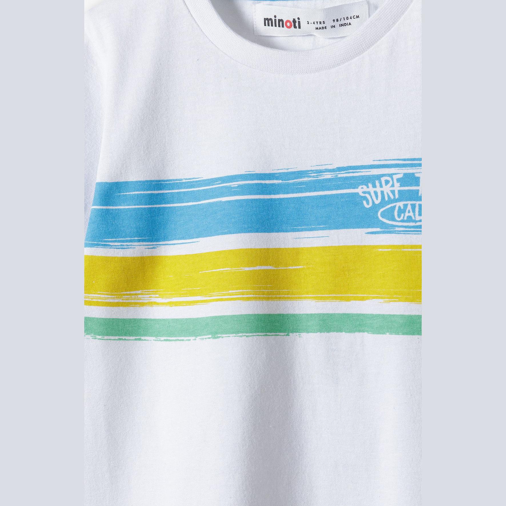 Close-up detail of Minoti brand label at neck and colorful striped graphic showing blue, yellow and mint bands with 'Surf California' text