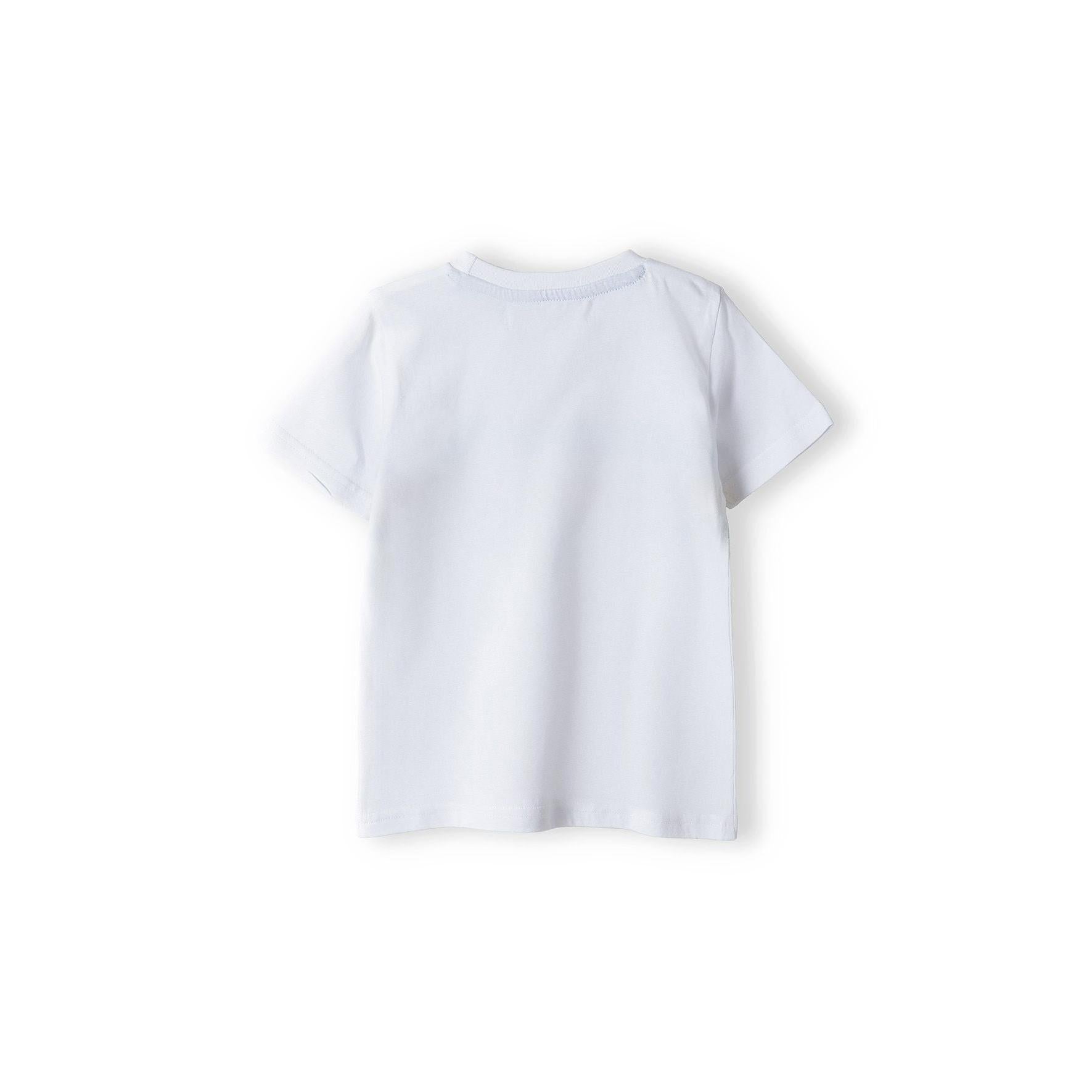 Back view of white t-shirt laid flat showing plain white design and crew neck construction on white background