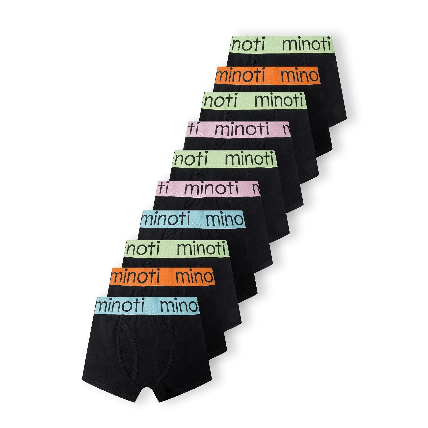 Collection of ten black trunks with colourful waistbands featuring Minoti branding in green, orange, pink and blue, arranged in overlapping stack on white background