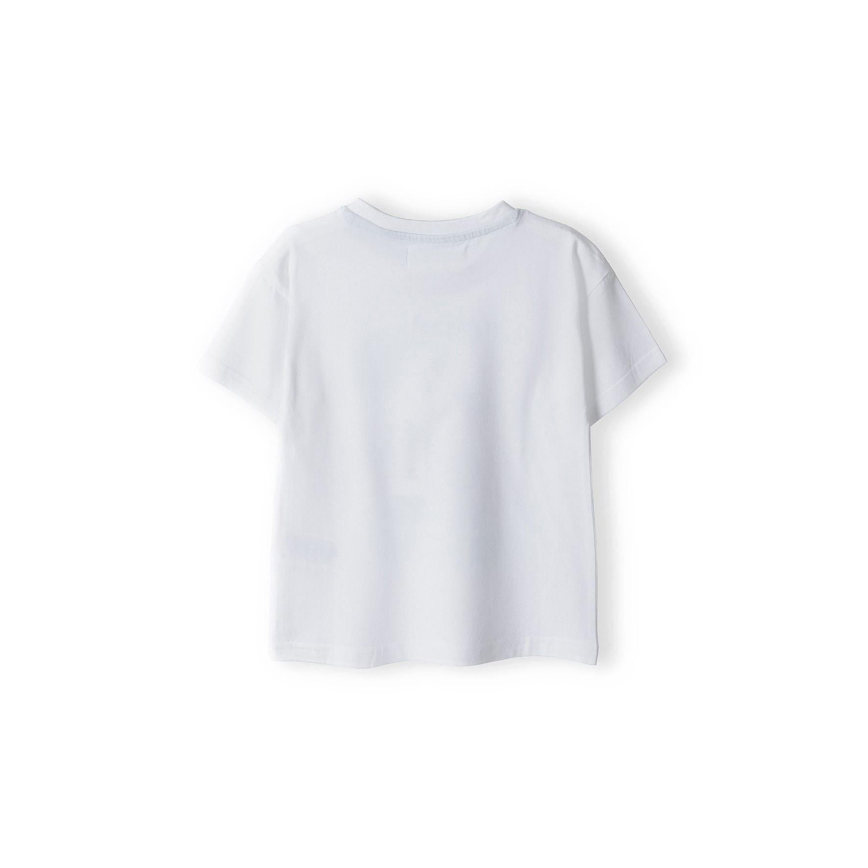 Back view of white t-shirt showing plain design and contrast neck tape detail, displayed flat against white background