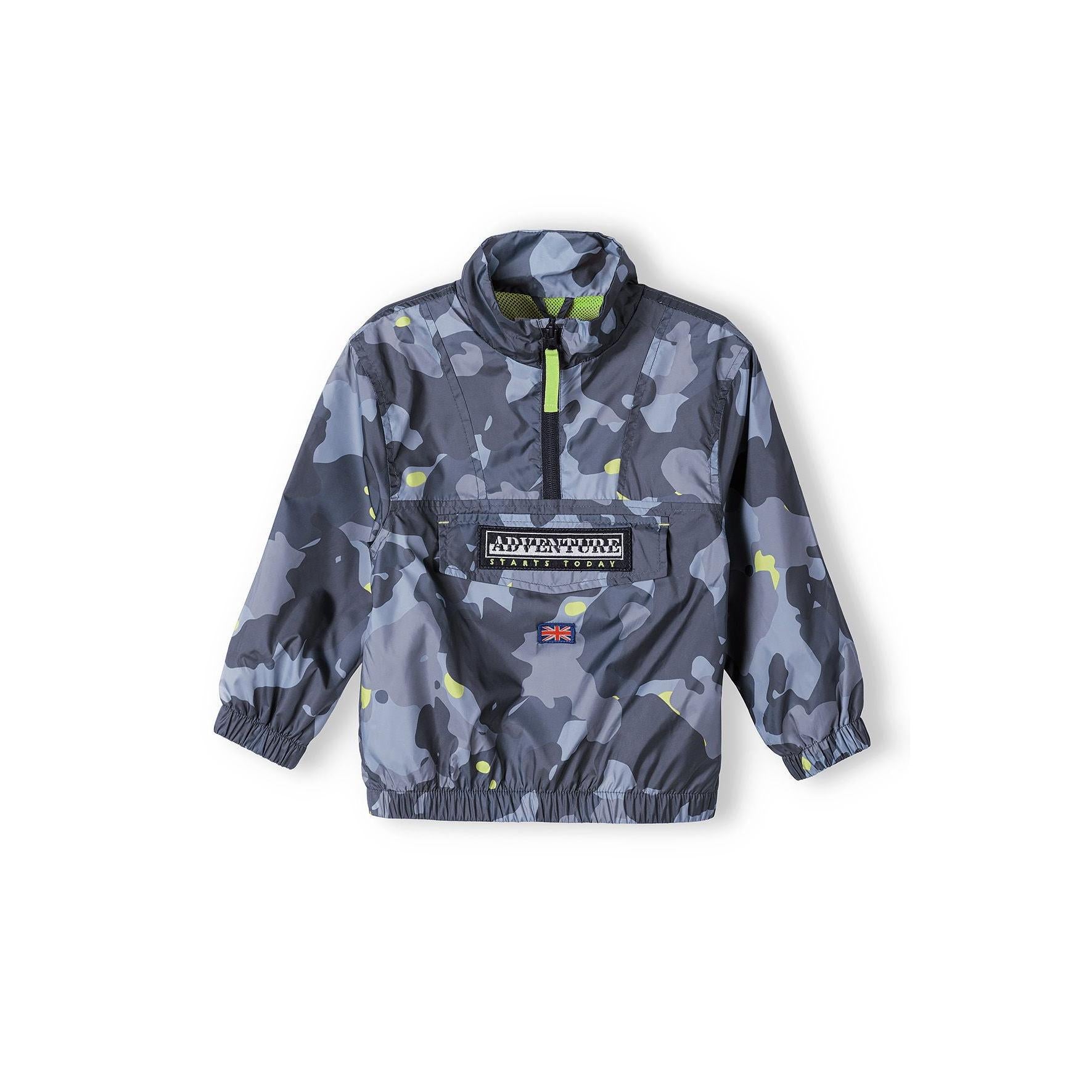 Black camouflage windbreaker jacket laid flat showing back view with elasticated cuffs and hem details