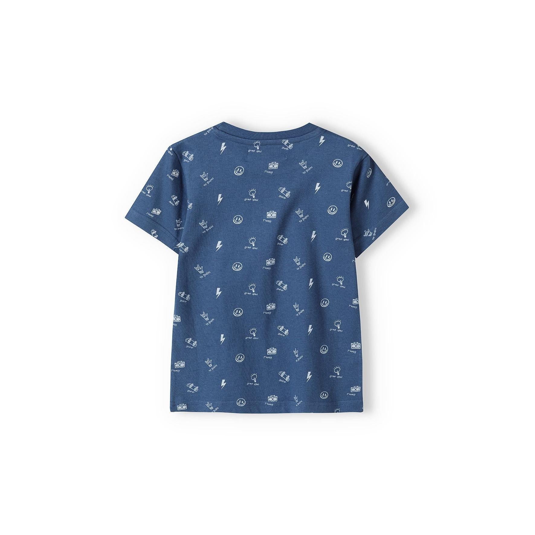 Back view of navy t-shirt showing all-over pattern of small graphics including lightning bolts and symbols