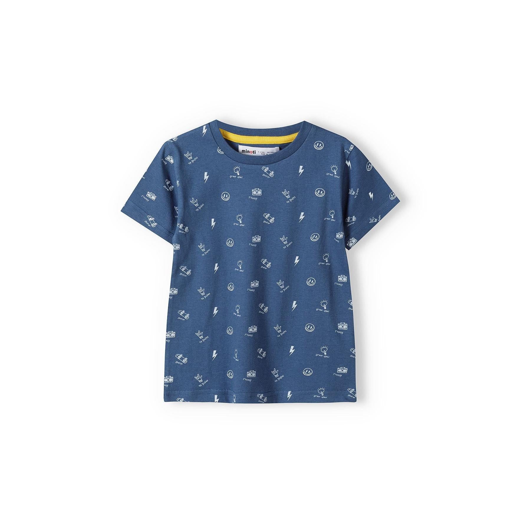 Back view of navy t-shirt showing all-over pattern of small graphics including lightning bolts and symbols