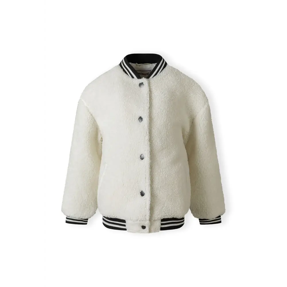 Back view of cream borg baseball jacket showing ribbed collar and hem with navy and white stripe details on white background