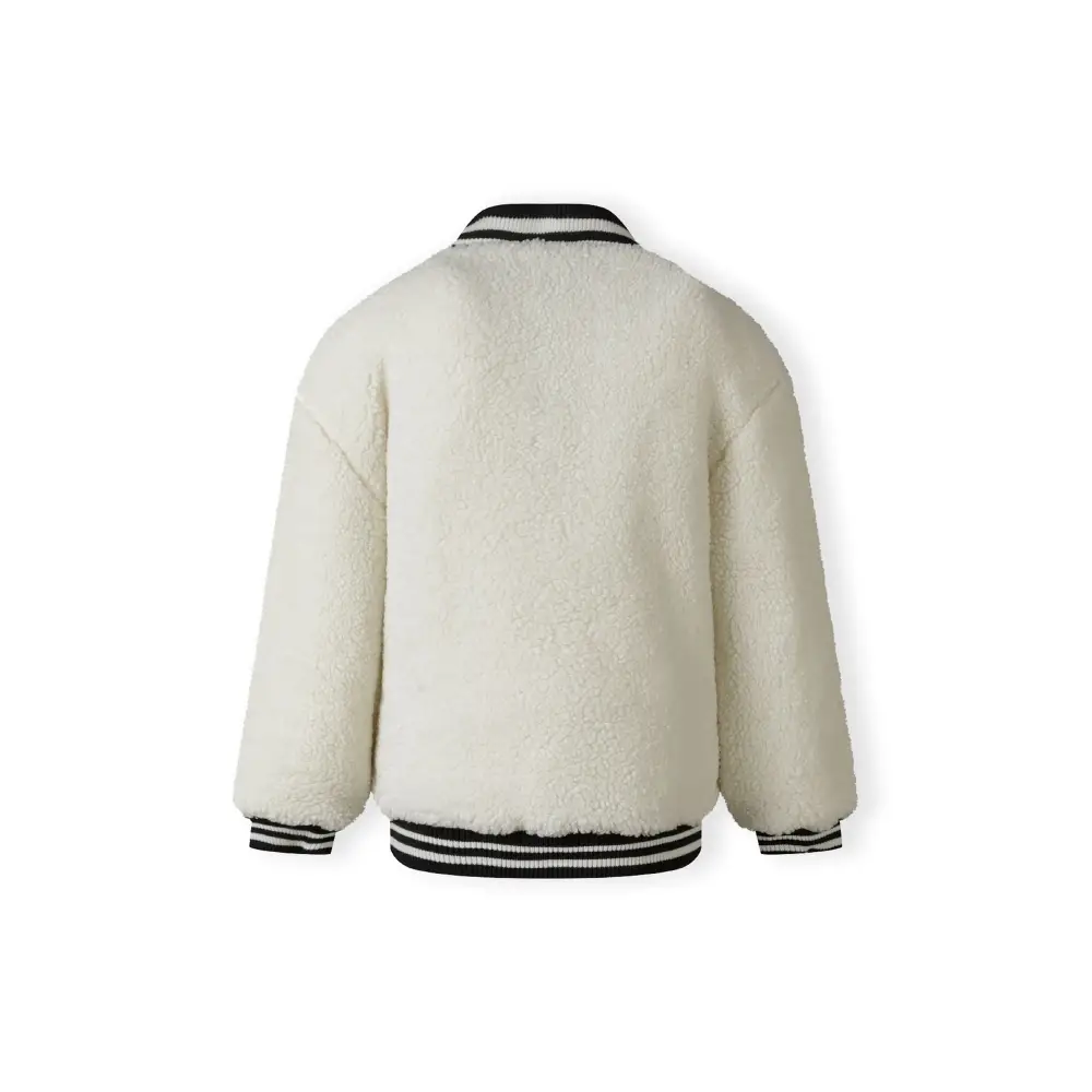 Back view of cream borg baseball jacket showing ribbed collar and hem with navy and white stripe details on white background