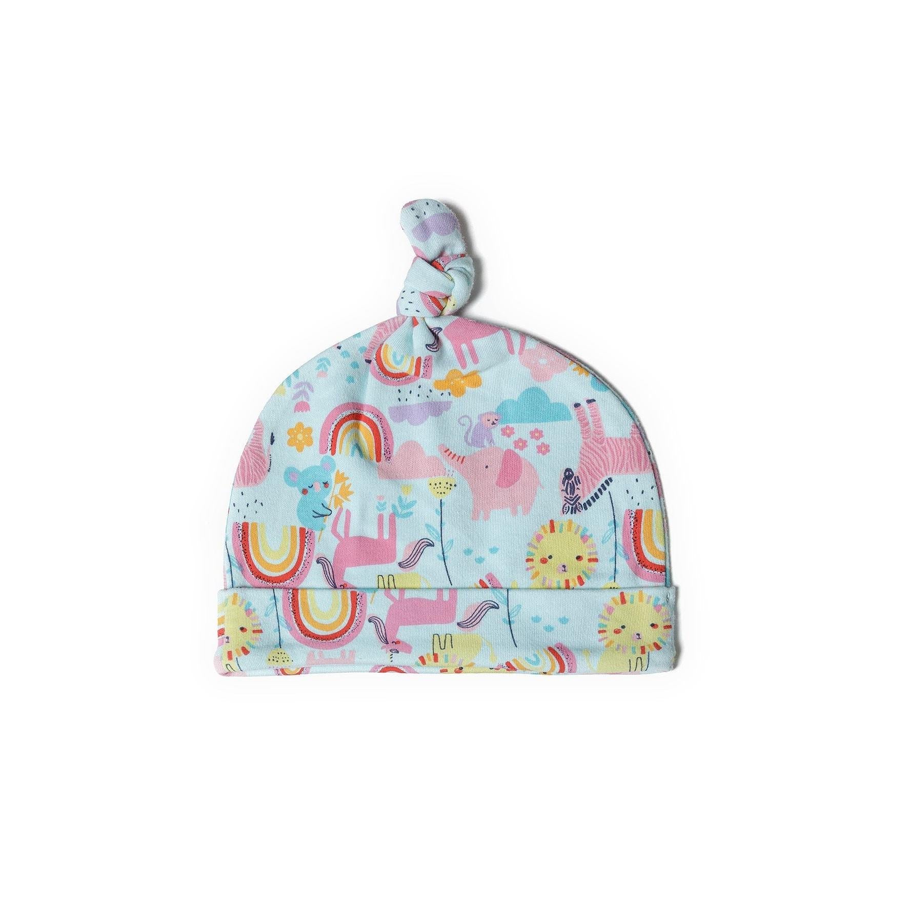 Single turquoise baby hat with colorful rainbow and dinosaur print pattern, knotted top design on white background