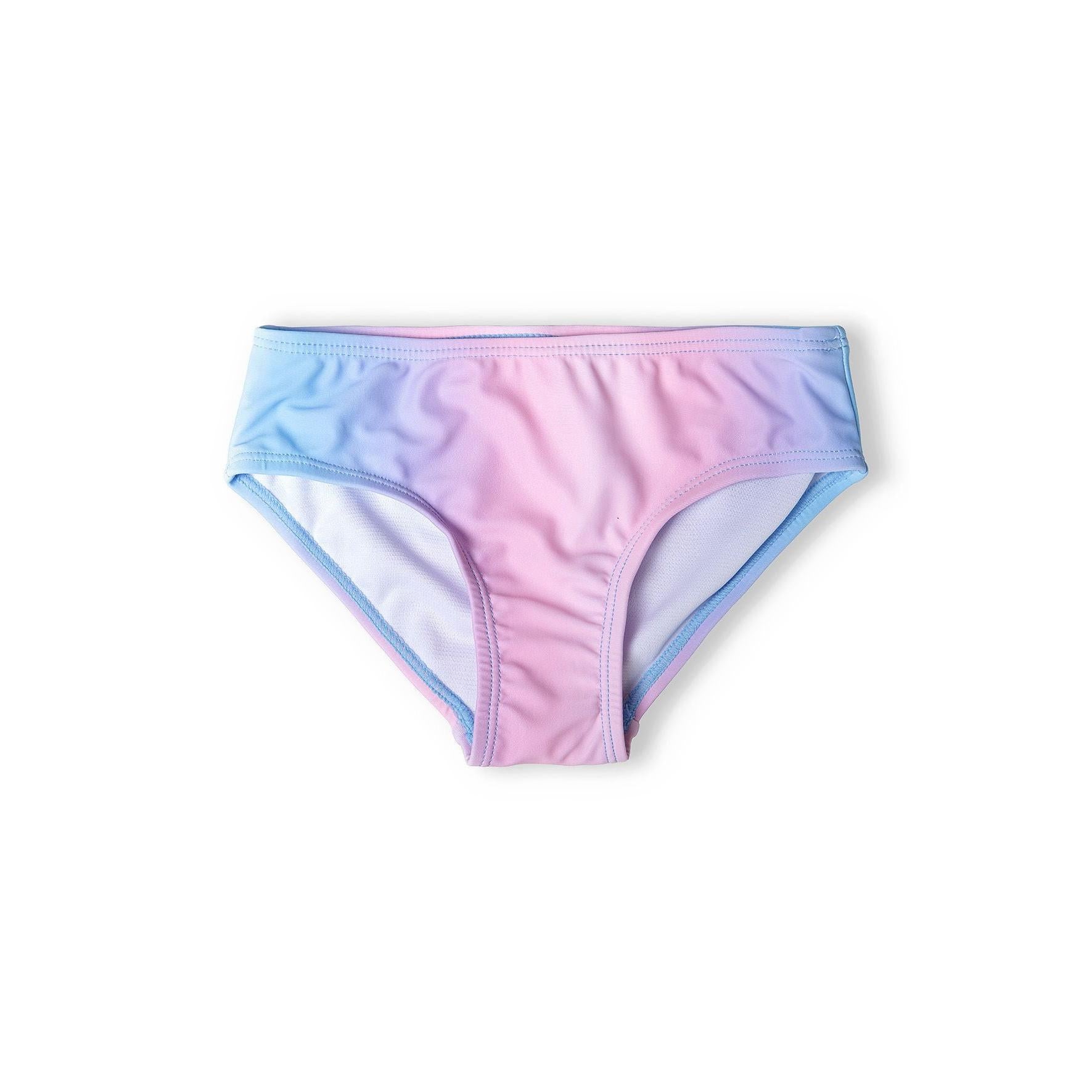 Close-up of bikini briefs showing blue to pink gradient fade pattern laid flat on white background
