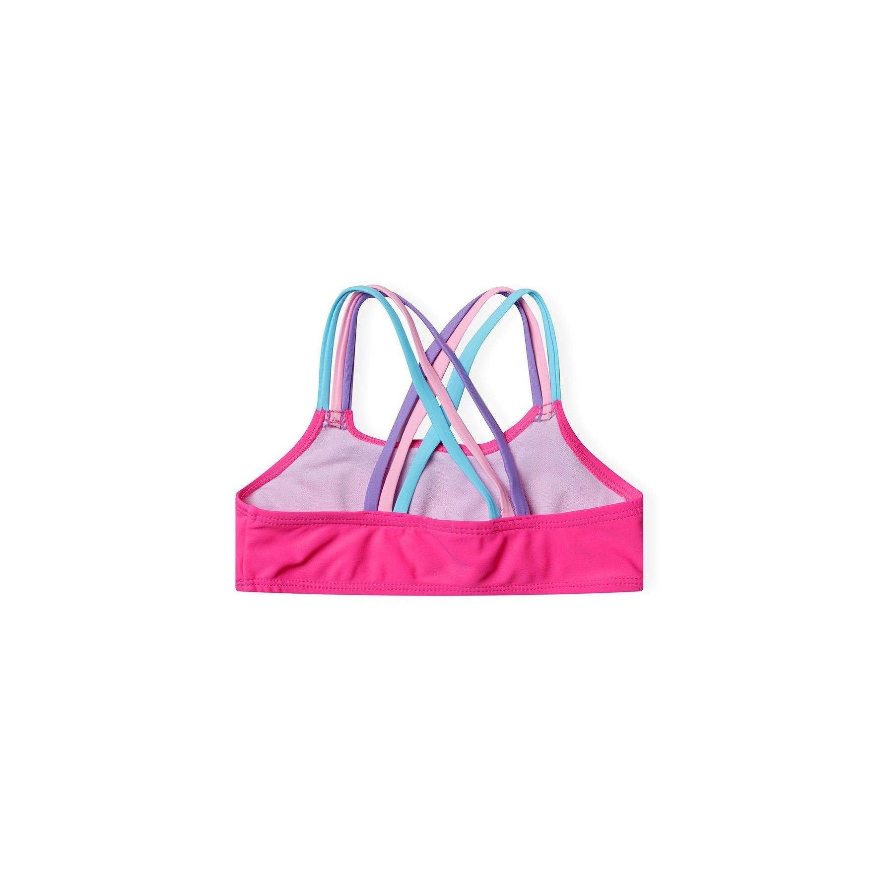 Back view of pink bikini top showing criss-cross multi-coloured strap design on white background
