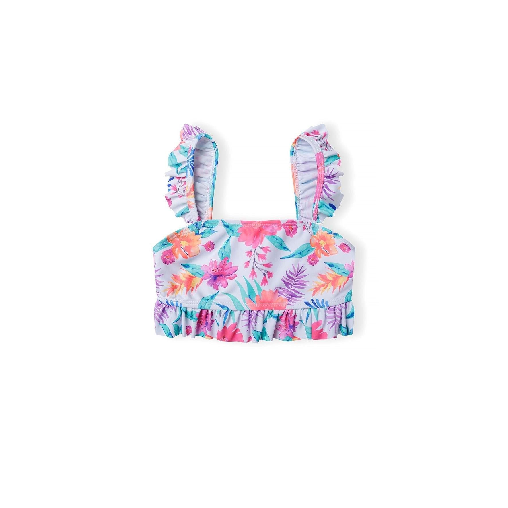 Detail shot of tropical floral bikini showing ruffled strap construction and vibrant hibiscus flower print in pink, coral and turquoise colors