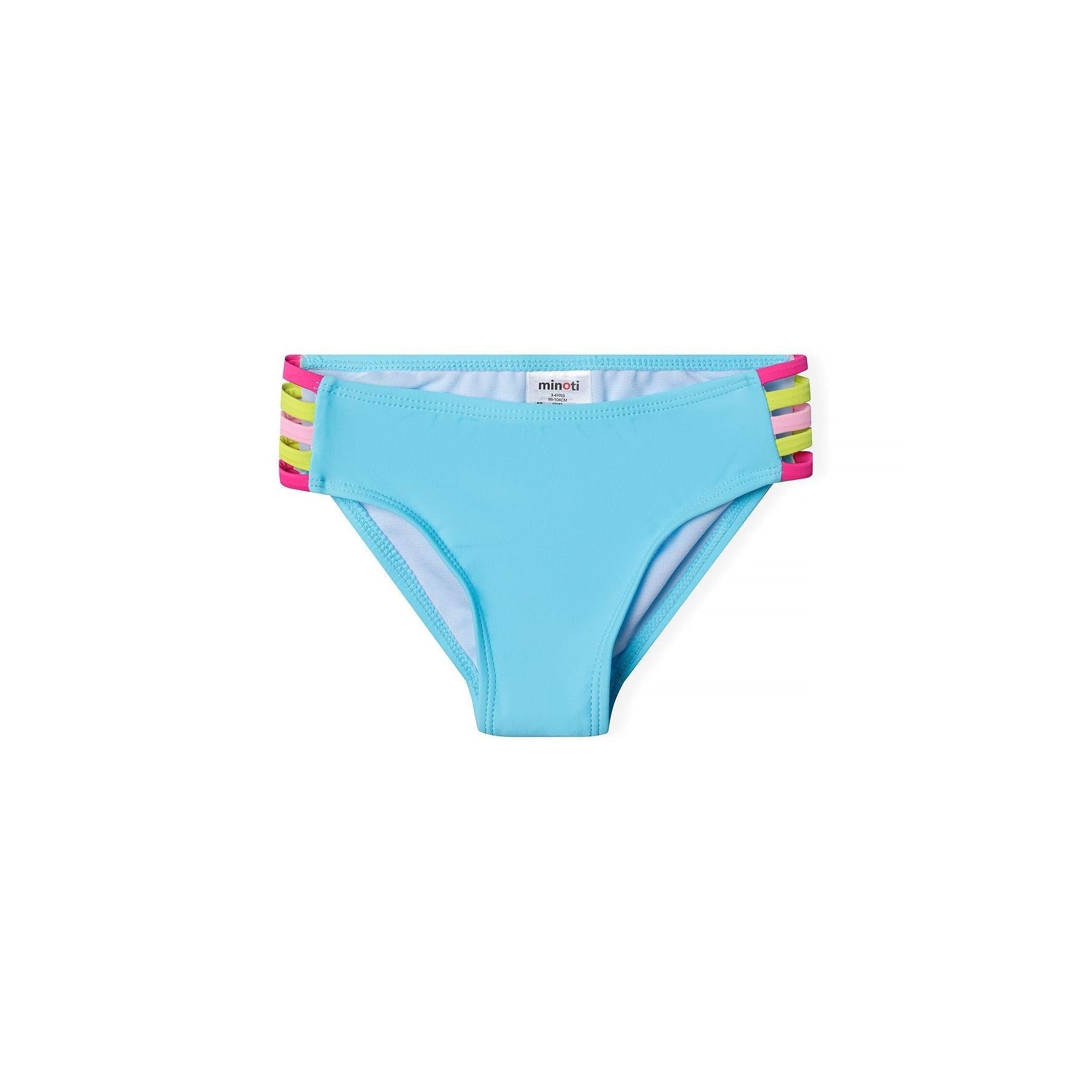 Close-up detail of rainbow coloured elastic straps crossing over turquoise bikini fabric, showing construction and colour variety