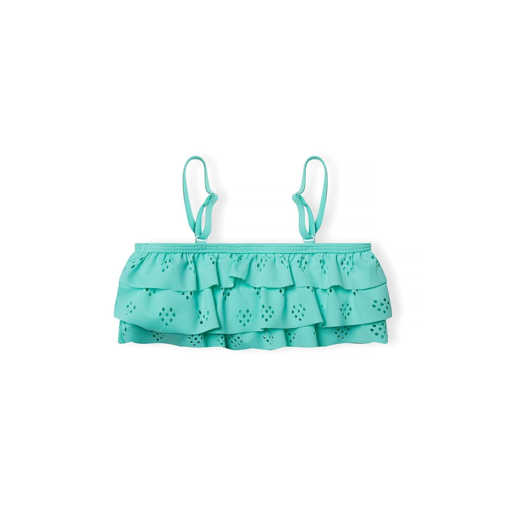 Close-up view of mint green bikini top showing eyelet embroidery and ruffle layers with adjustable straps