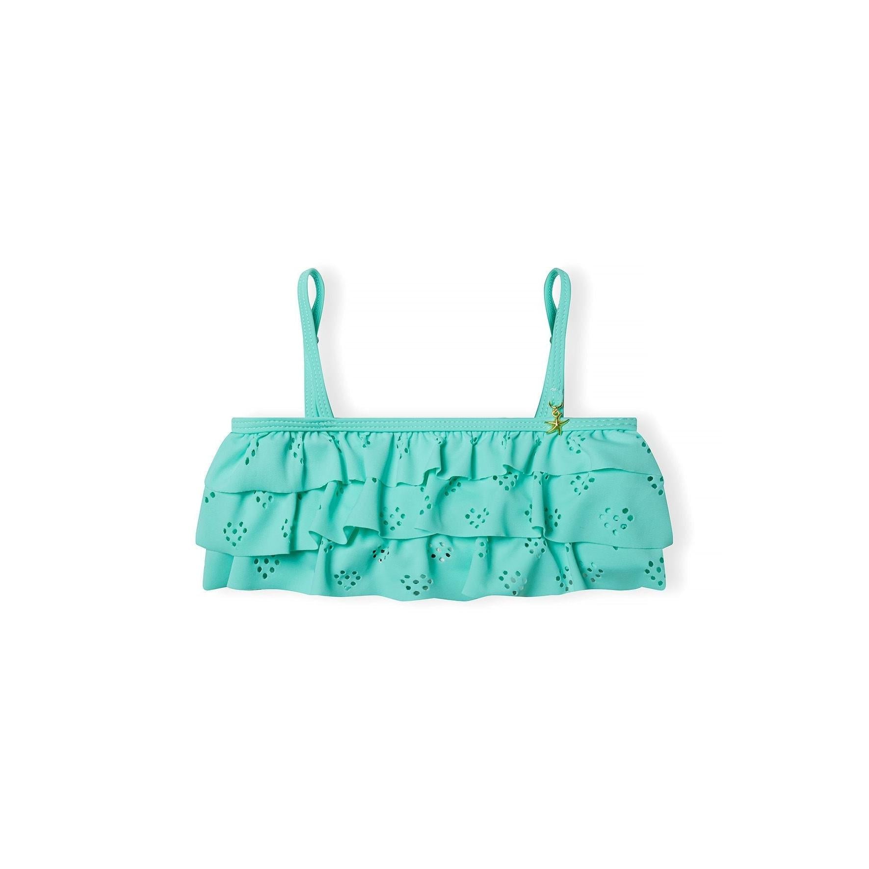 Mint green bikini bottom with eyelet ruffle trim detail shown from front view on white background