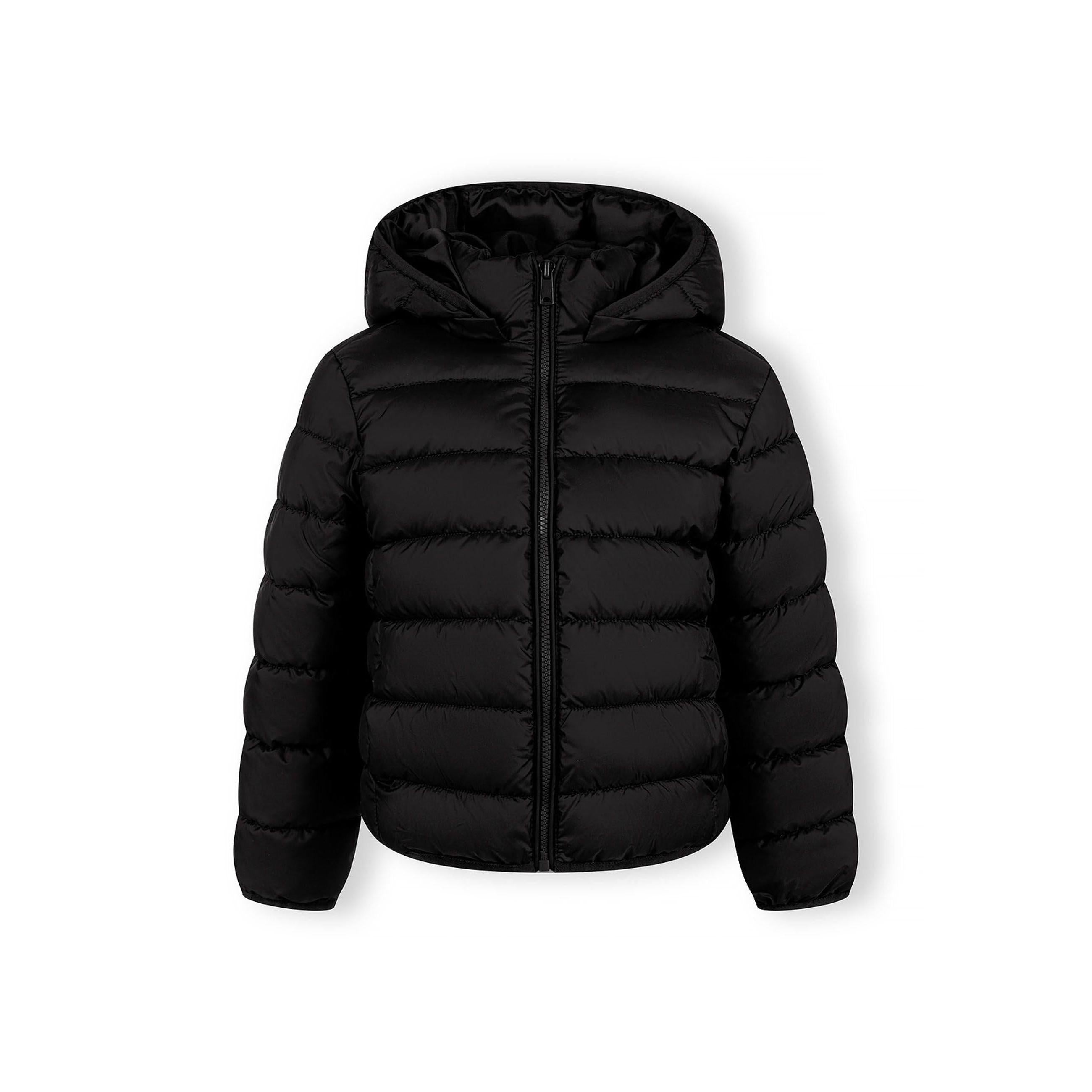 Black quilted jacket laid flat showing full zip front, detachable hood and Minoti label detail
