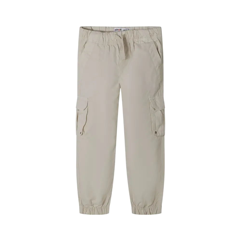 Back view of grey cargo trousers showing elasticated waist, cargo pockets on sides, and cuffed ankles laid flat on black background