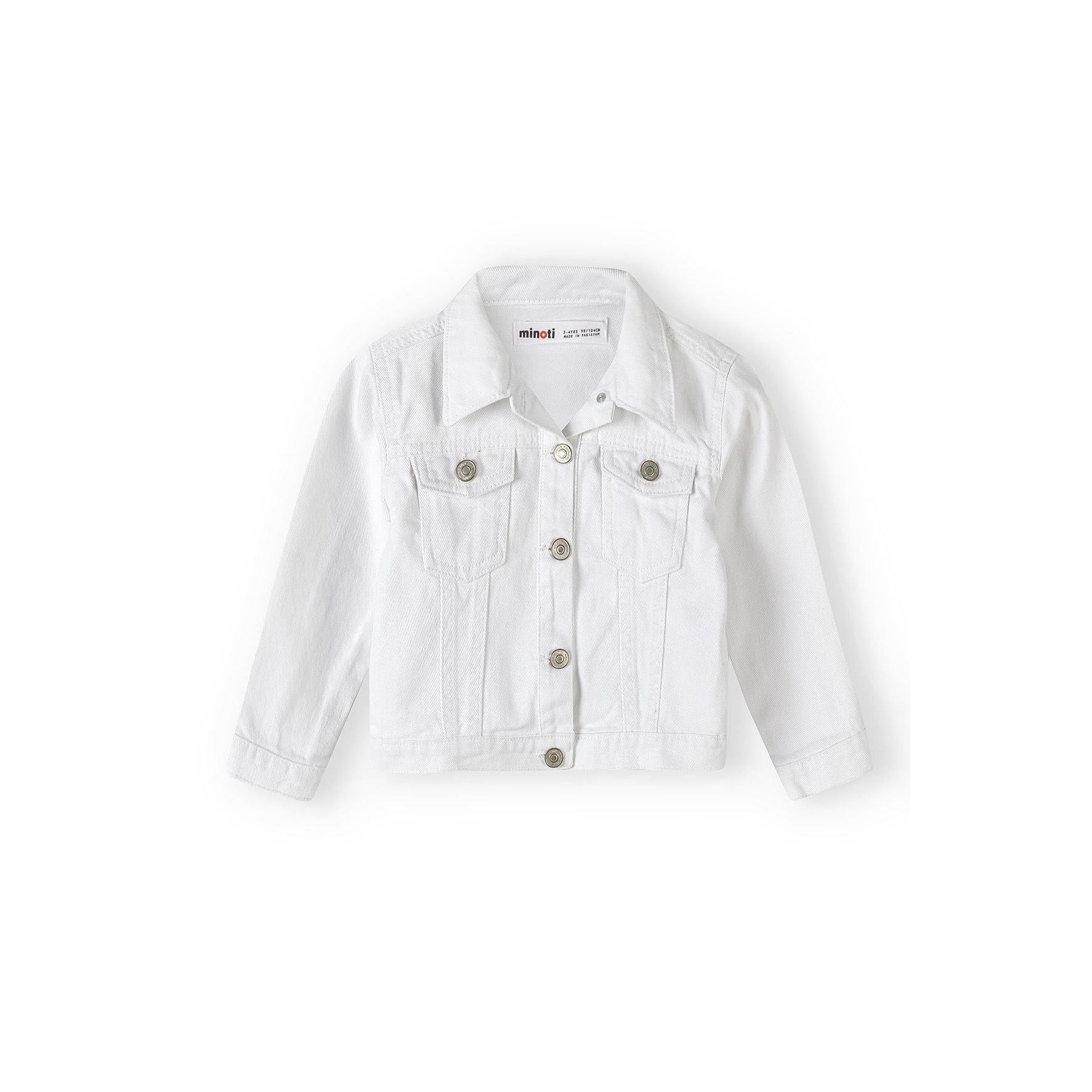 Back view of white acid wash denim jacket laid flat showing classic collar and seaming details