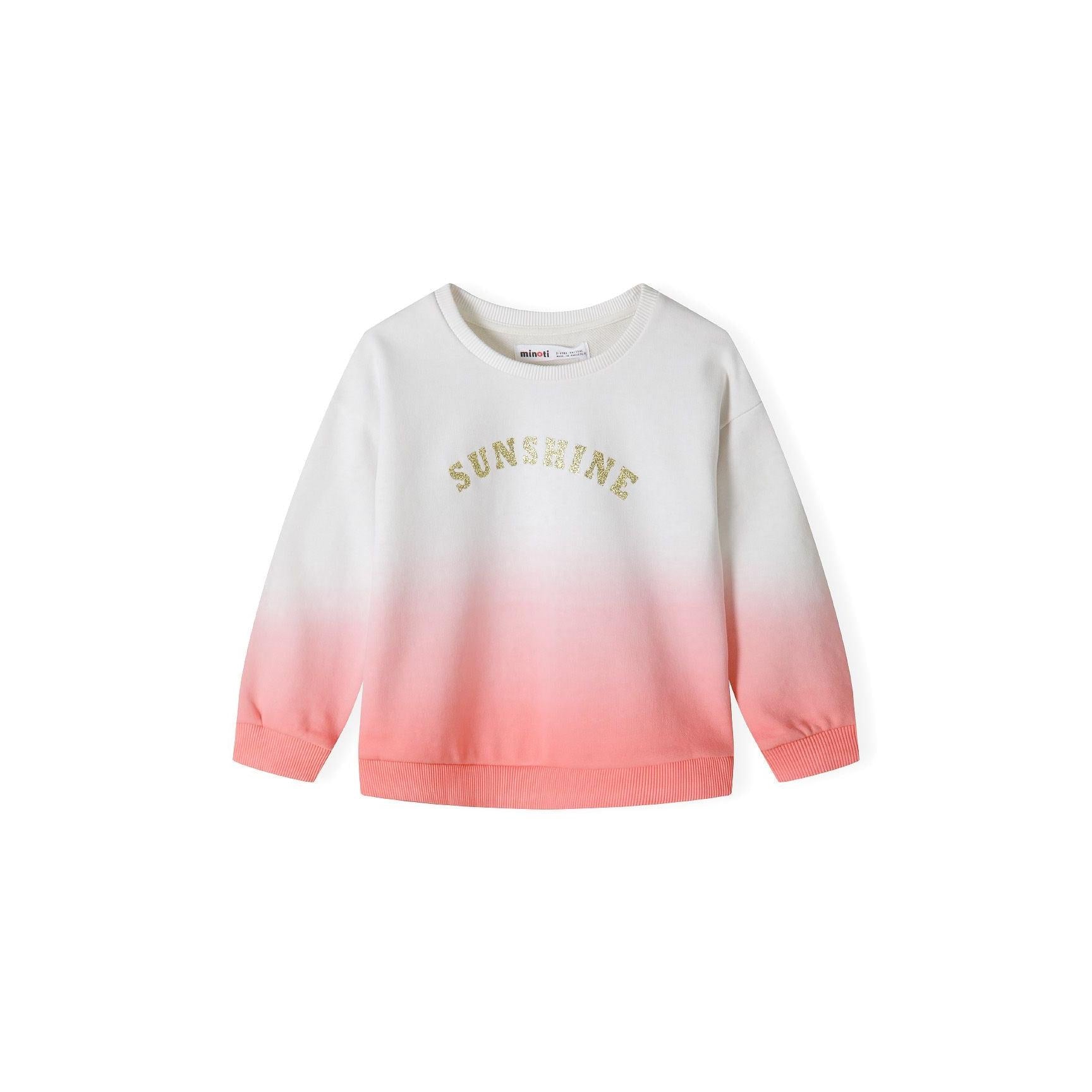 Close-up detail of sparkly gold SUNSHINE lettering on coral gradient fleece sweatshirt showing texture and Minoti label