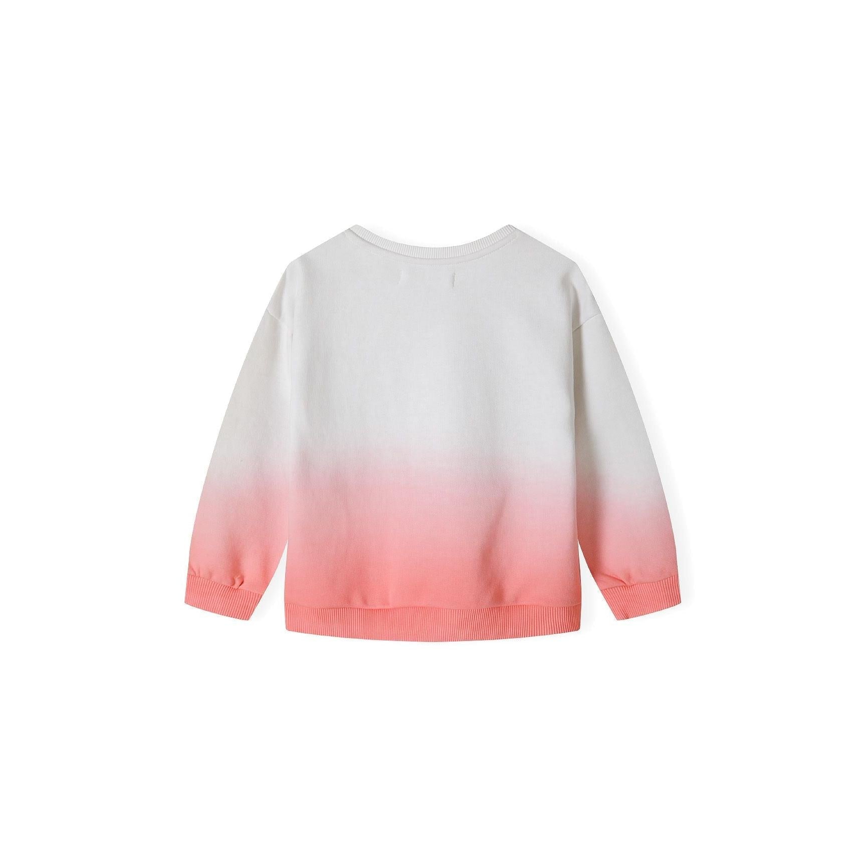 Back view of coral gradient fleece sweatshirt showing smooth ombre transition from cream to coral pink with ribbed cuffs