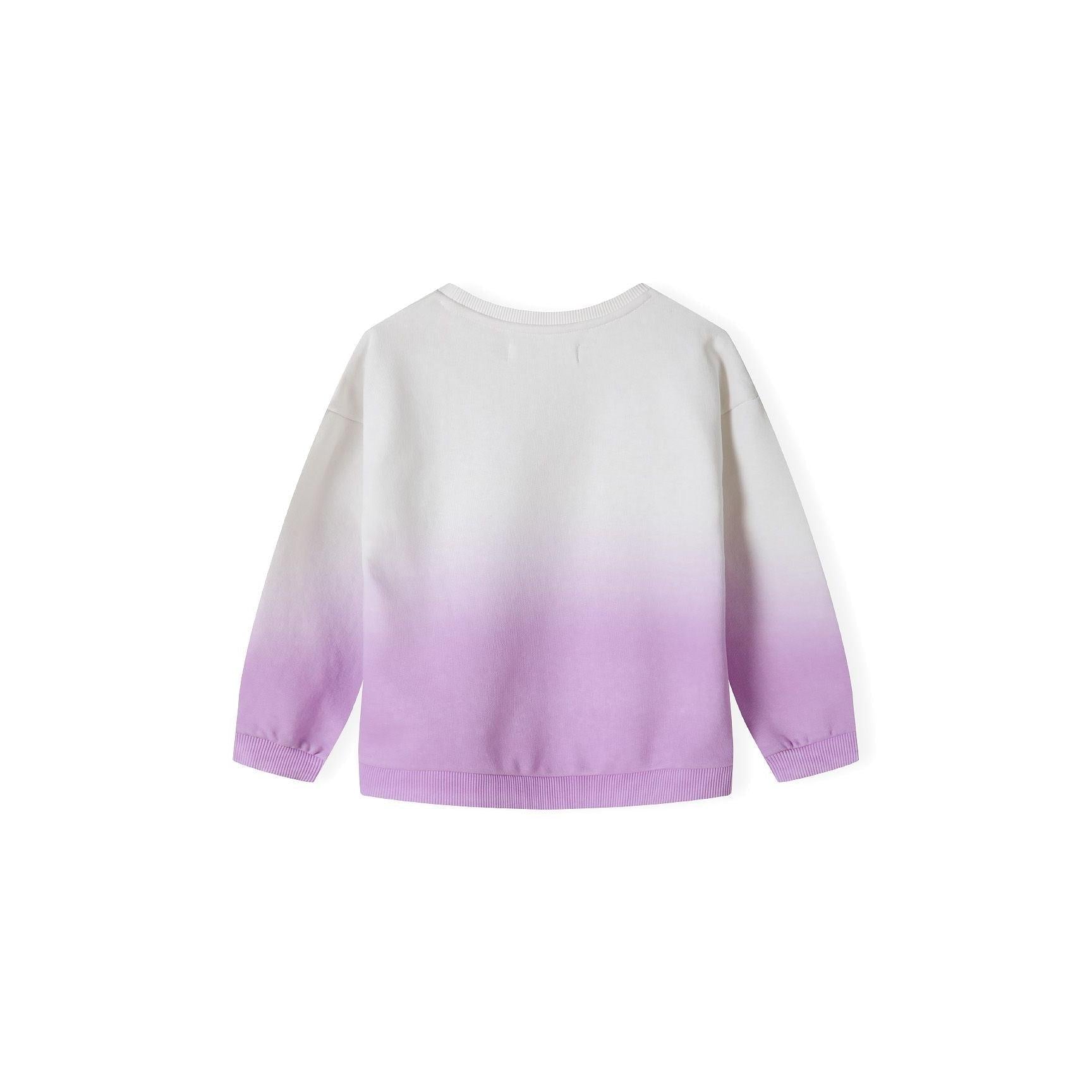 Back view of purple ombré fleece sweatshirt showing gradient colour transition from cream to purple with ribbed cuffs