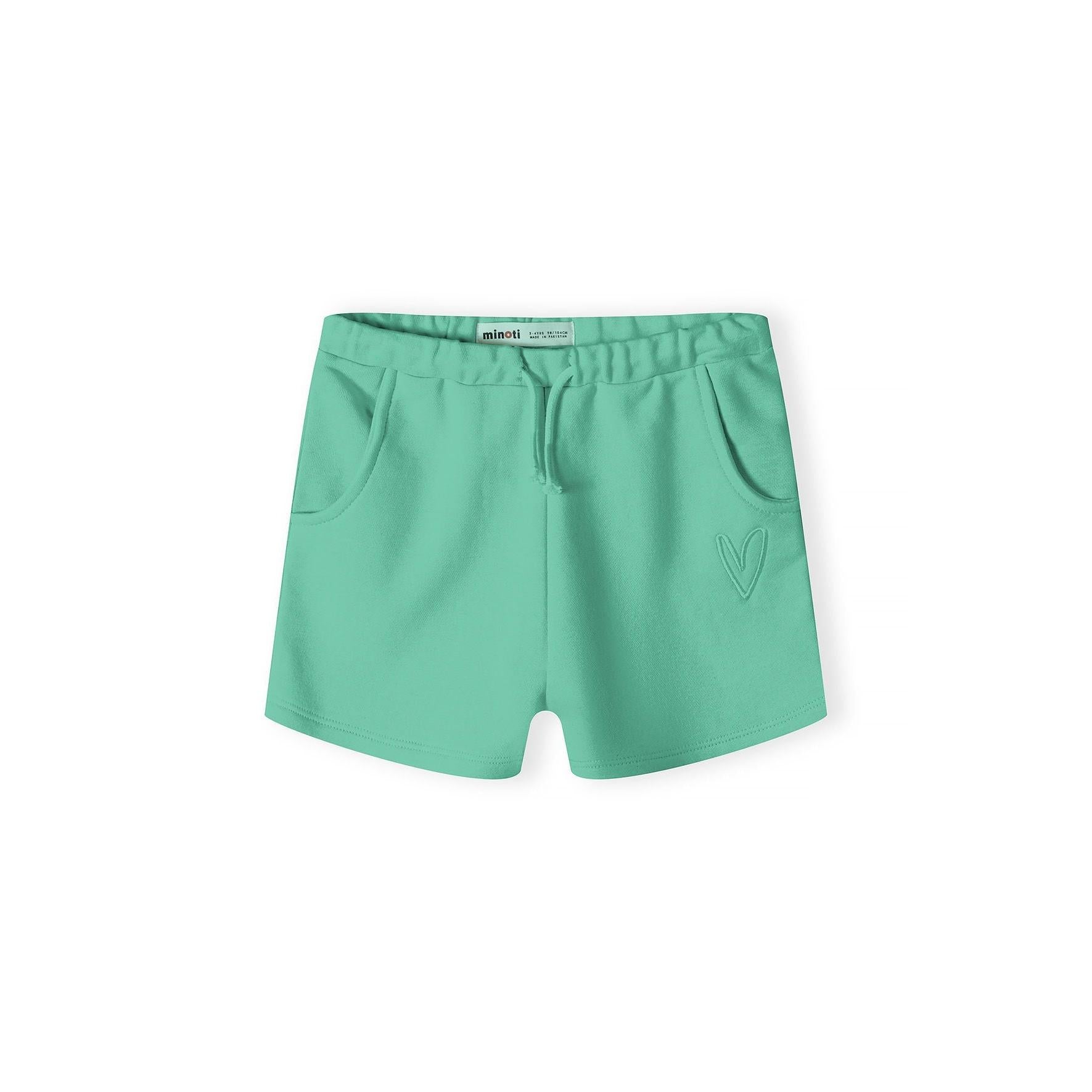 Dark green fleece shorts with elastic waistband laid flat on white background showing front view