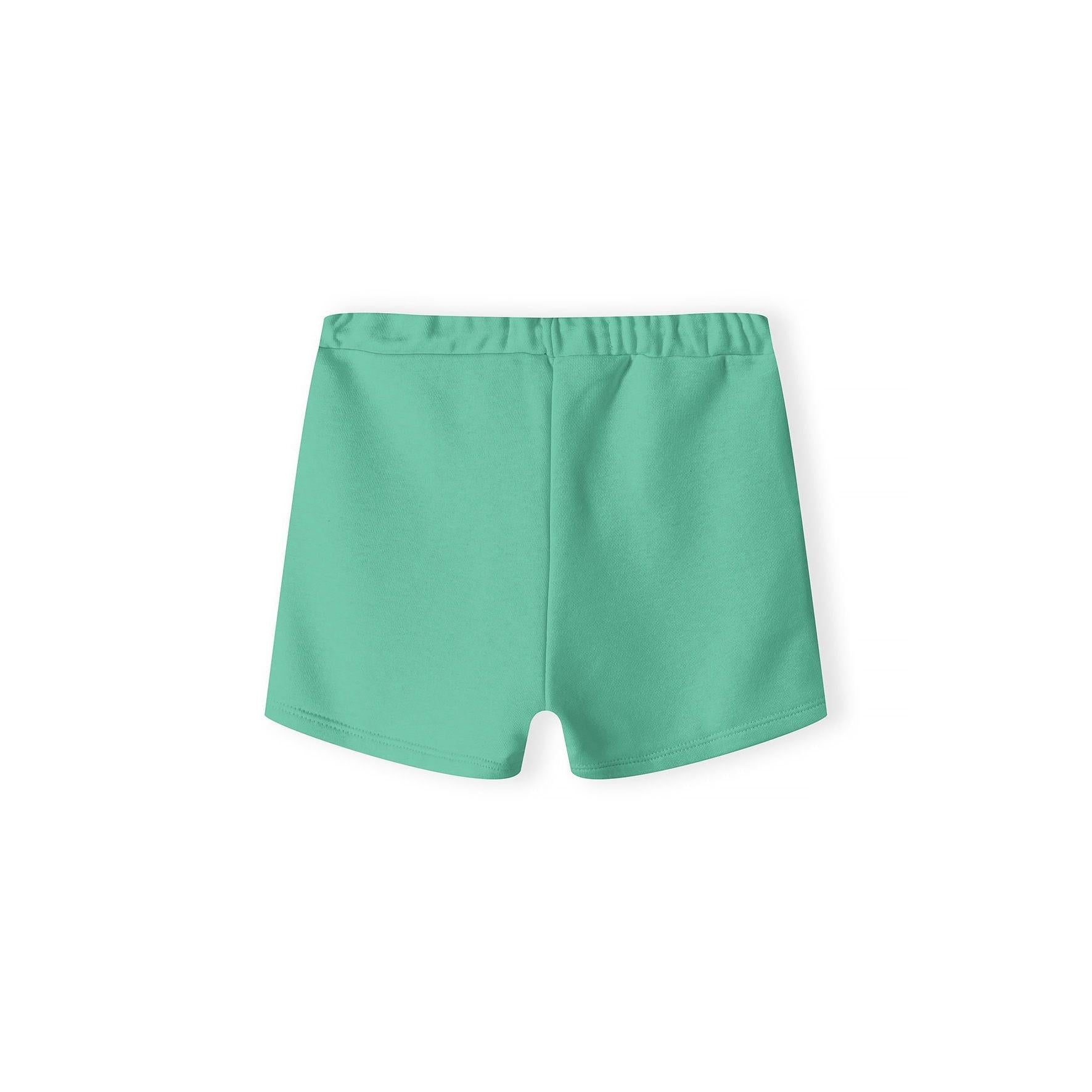 Dark green fleece shorts with elastic waistband laid flat on white background showing front view