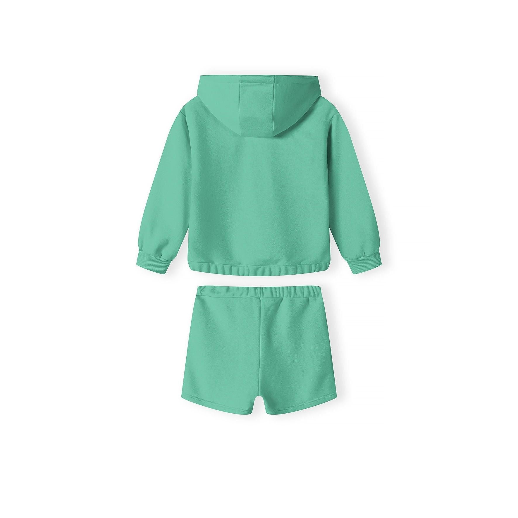 Dark green fleece shorts with elastic waistband laid flat on white background showing front view