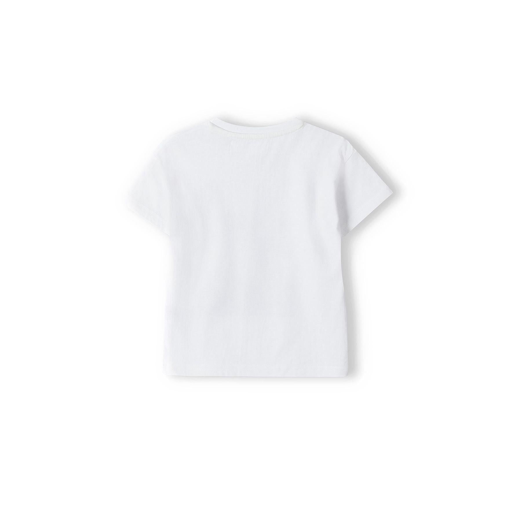Back view of white t-shirt showing plain reverse side on white background