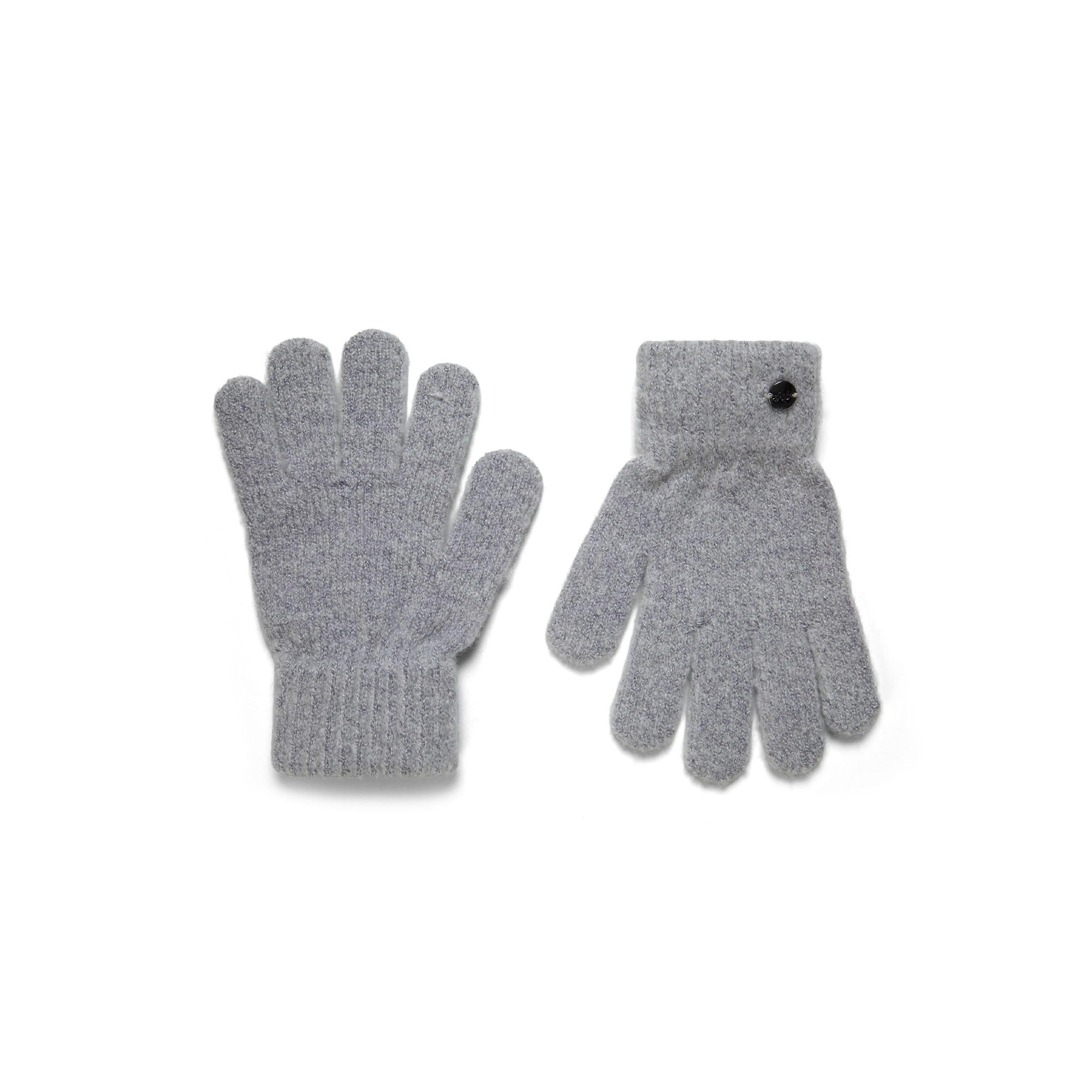 Pair of grey ribbed knit gloves with small black badge detail, displayed flat against white background