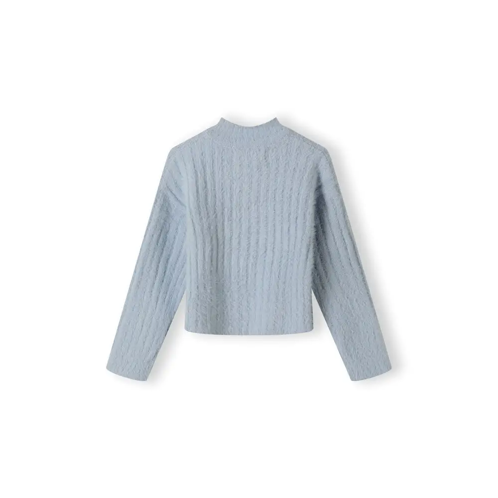Blue fluffy knit jumper laid flat showing high neck design, long sleeves and soft textured fabric against white background