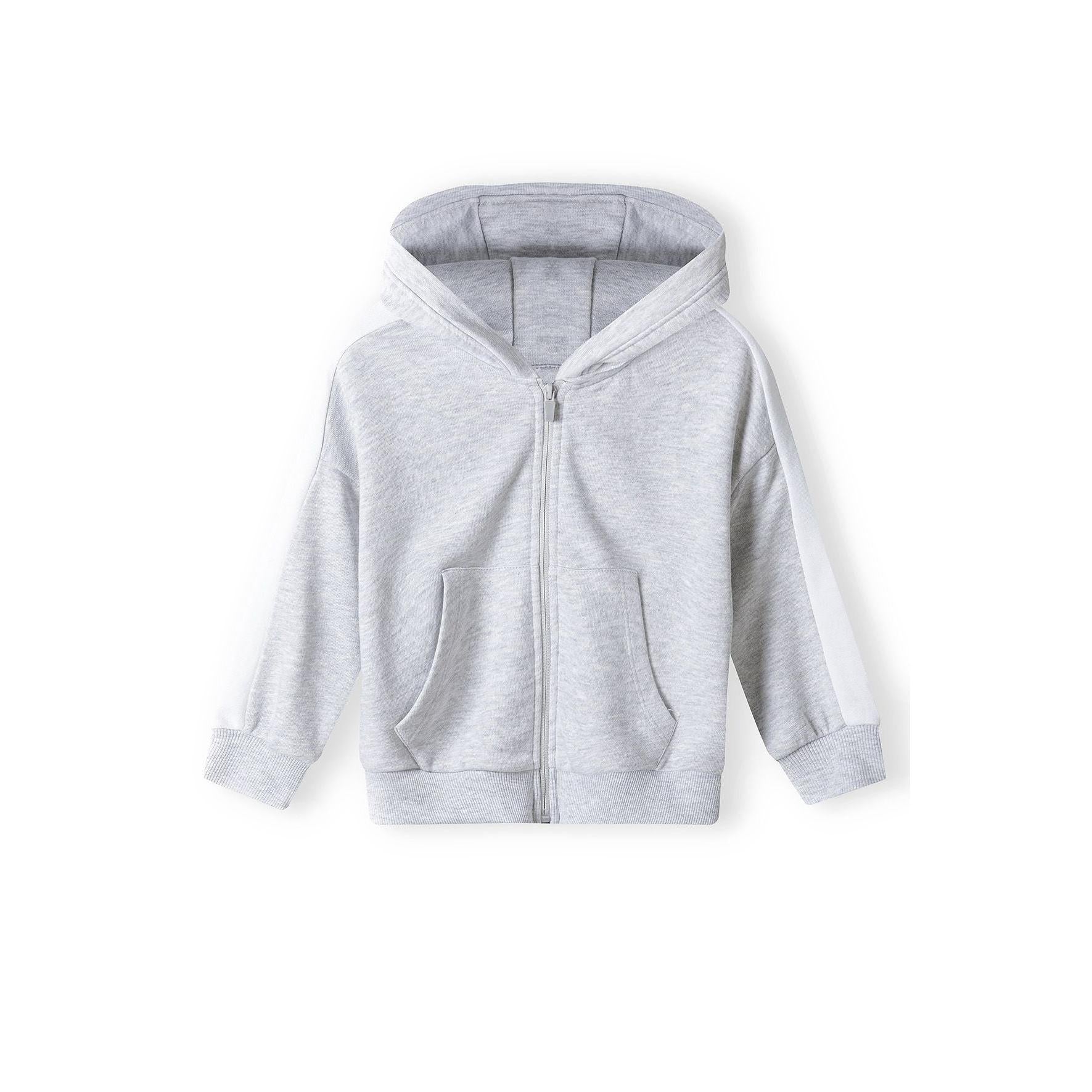 Back view of grey zip-up hoodie laid flat showing hood construction and overall silhouette against white background