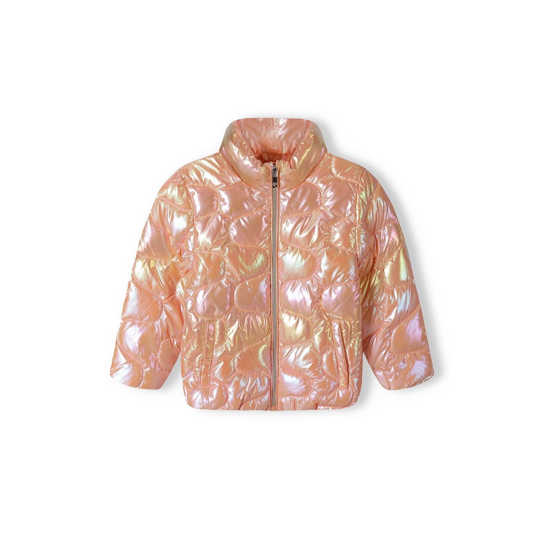 Back view of iridescent coral quilted jacket showing quilted pattern and funnel neck collar on white background