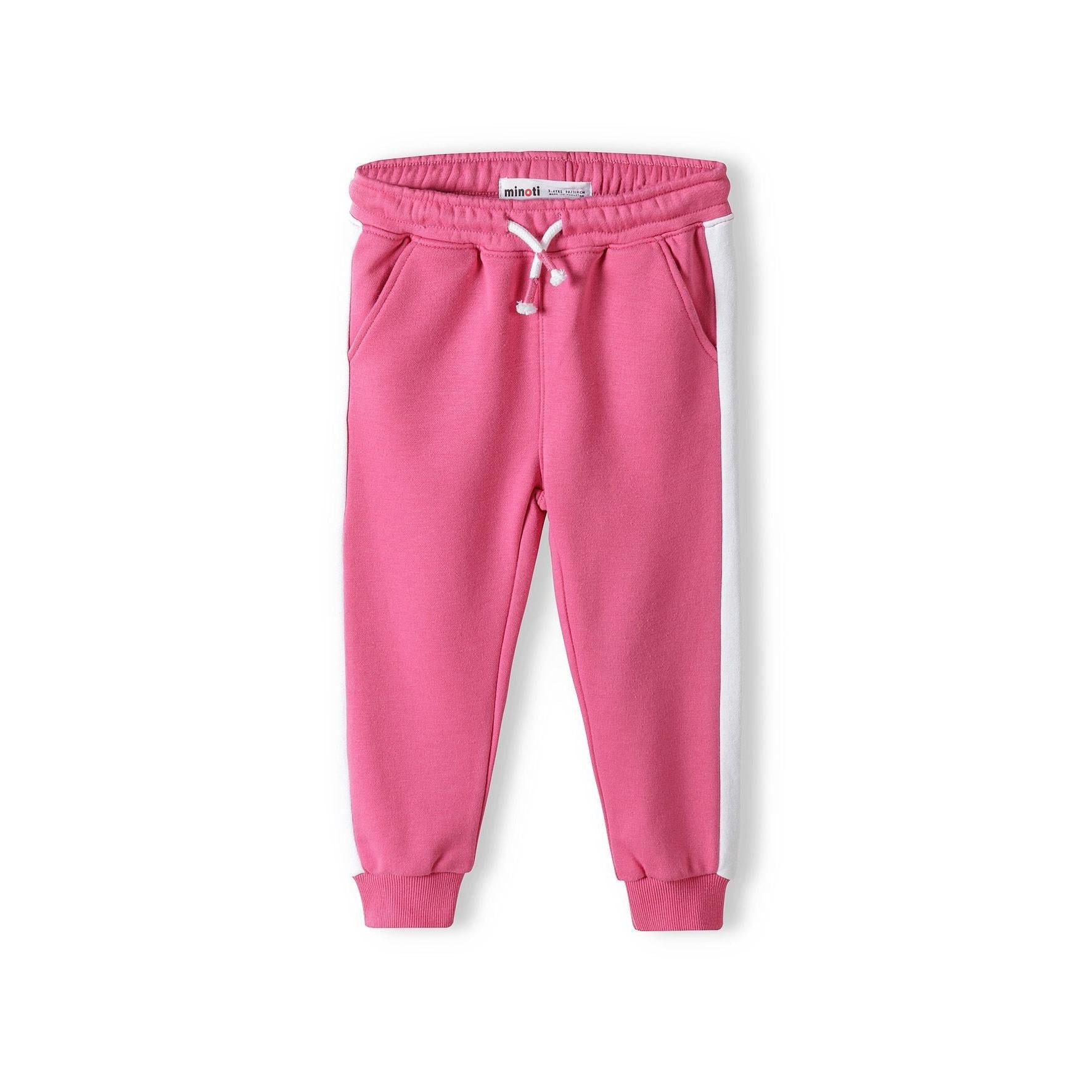 Front view of pink fleece sweatpants with contrast stripe details, white drawstring ties and front pockets on white background