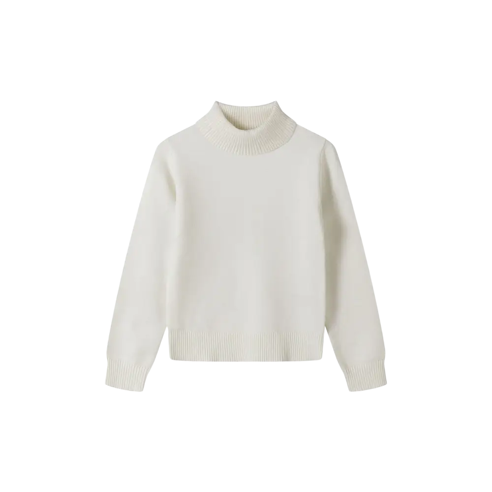 Front view of cream fine knit turtleneck jumper with ribbed collar, cuffs and hem, displayed flat against black background
