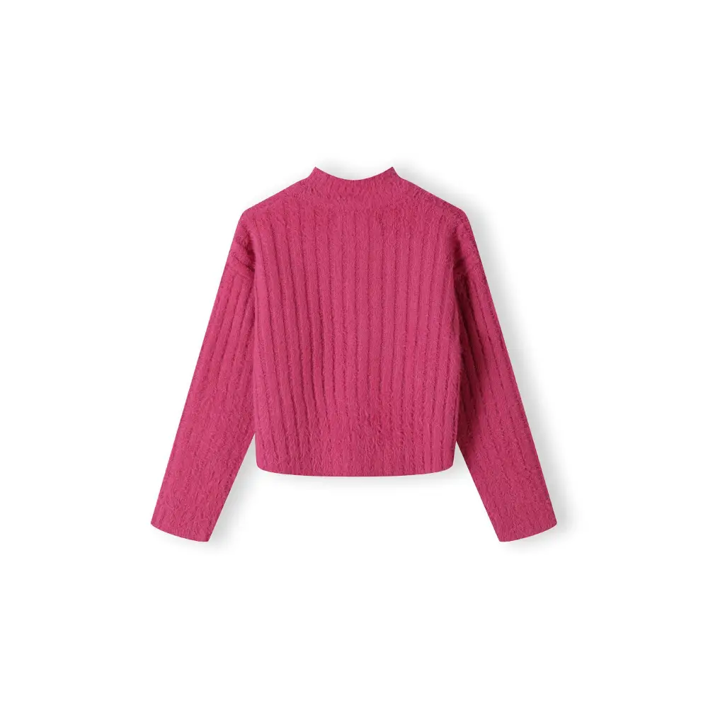 Pink fluffy knit jumper laid flat showing high neck design and ribbed texture on white background
